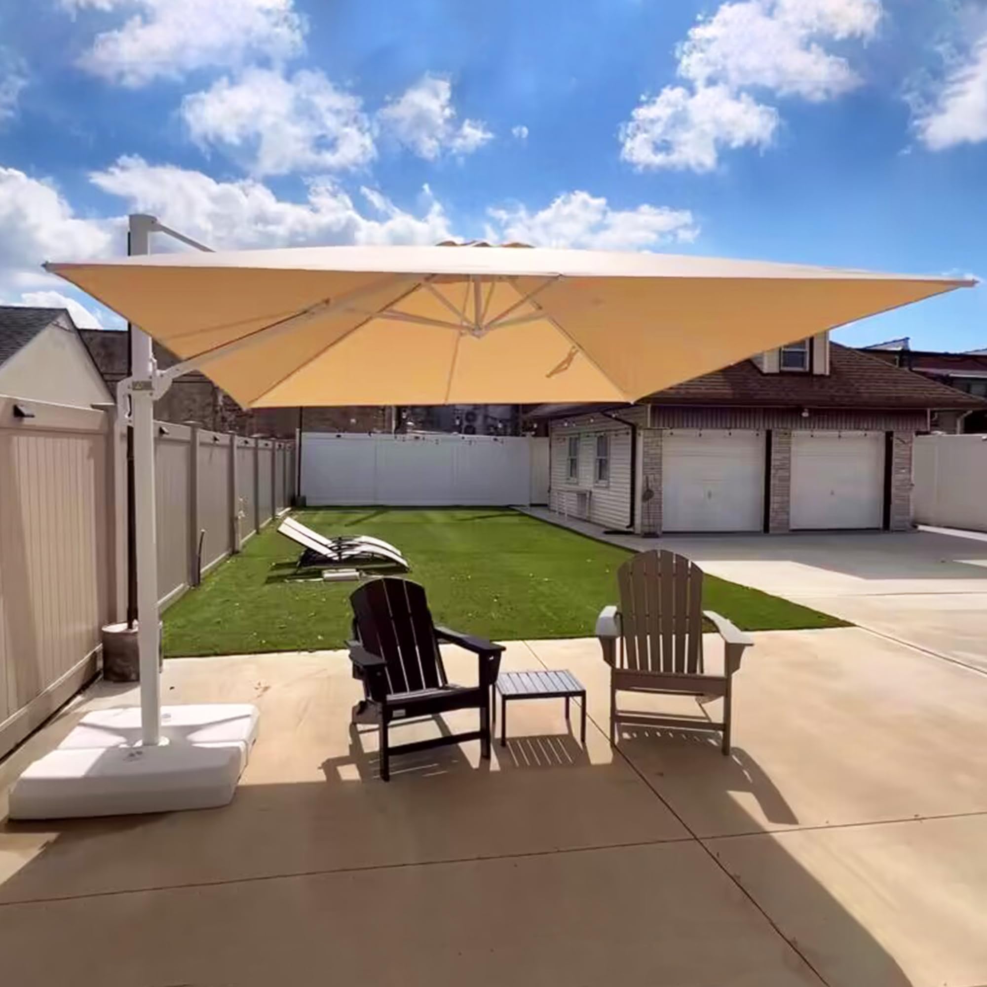 PURPLE LEAF Parasol Déporté 3 x 3 m Beige avec Mât Alu Blanc Pied Croix