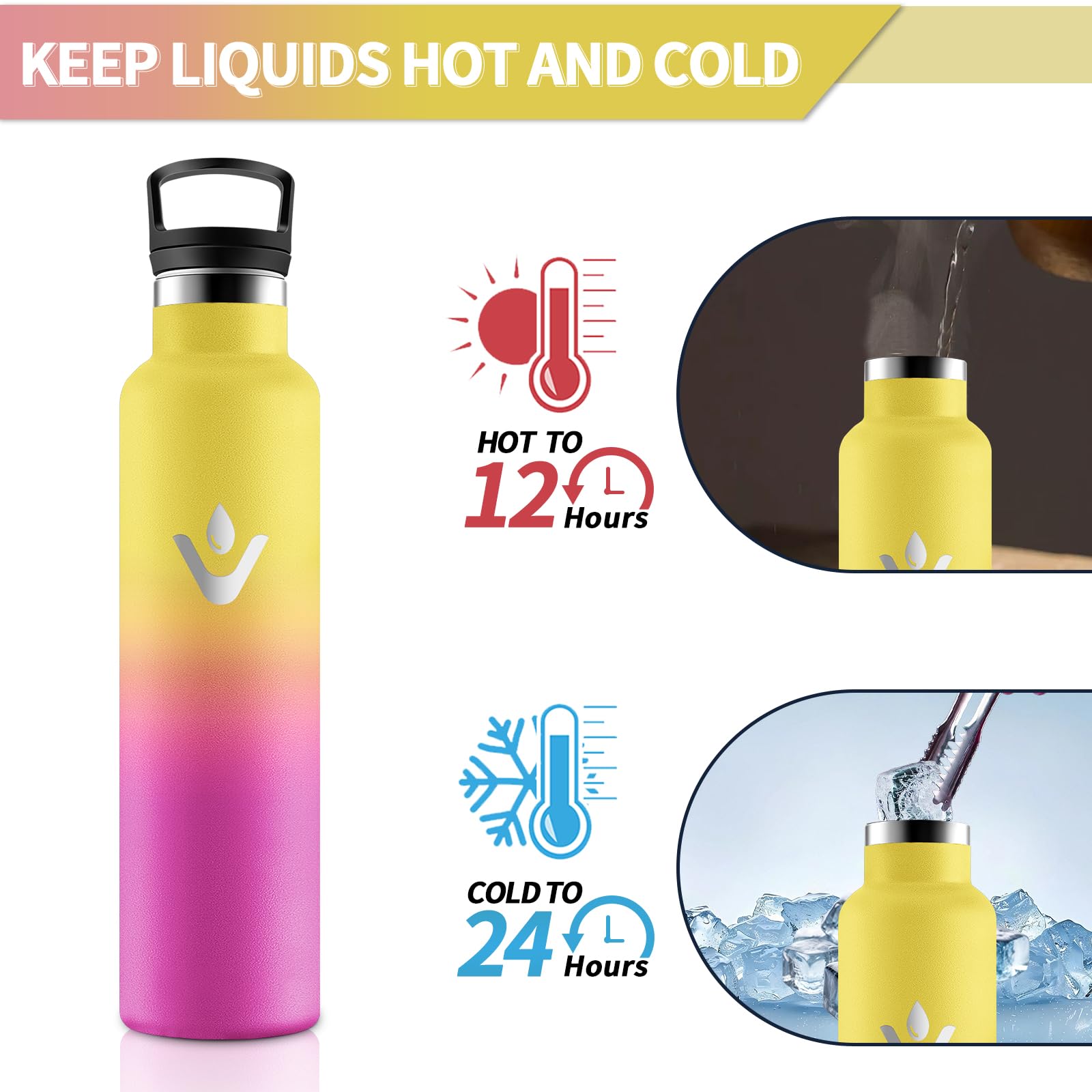 Motswedi Borraccia Termica 1 litro, Doppia Parete, Bottiglia Termica, a Prova di Perdite, Borraccia con Cannuccia, Acciaio Inox, Borracce Termiche, per Palestra, Outdoor, Campeggio, Giallo & Rosa