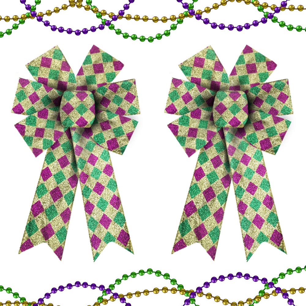 Estivaux 2 Pieces Mardi Gras Bows for Wreath, Mardi Gras Wreath Bows Glitter Green Purple Buffalo Plaid Bows Fat Tuesday Bows Bows for Front Door Mardi Gras Masquerade Party Decorations