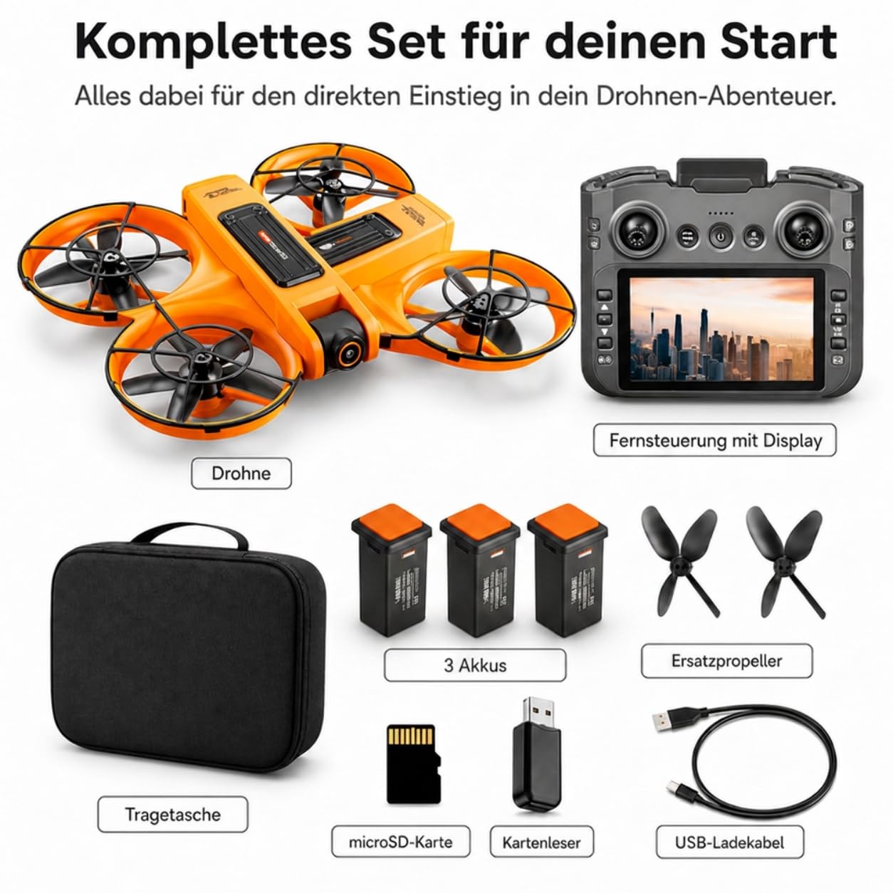 Drohne mit Kamera & Display Fernbedienung, Brushless Motor, Dual Kamera 90° verstellbar, FPV Live-Übertragung, Optical Flow, 360° Flip, LED, Anfänger & Kinder geeignet (Orange, Akkus: 3 St.)