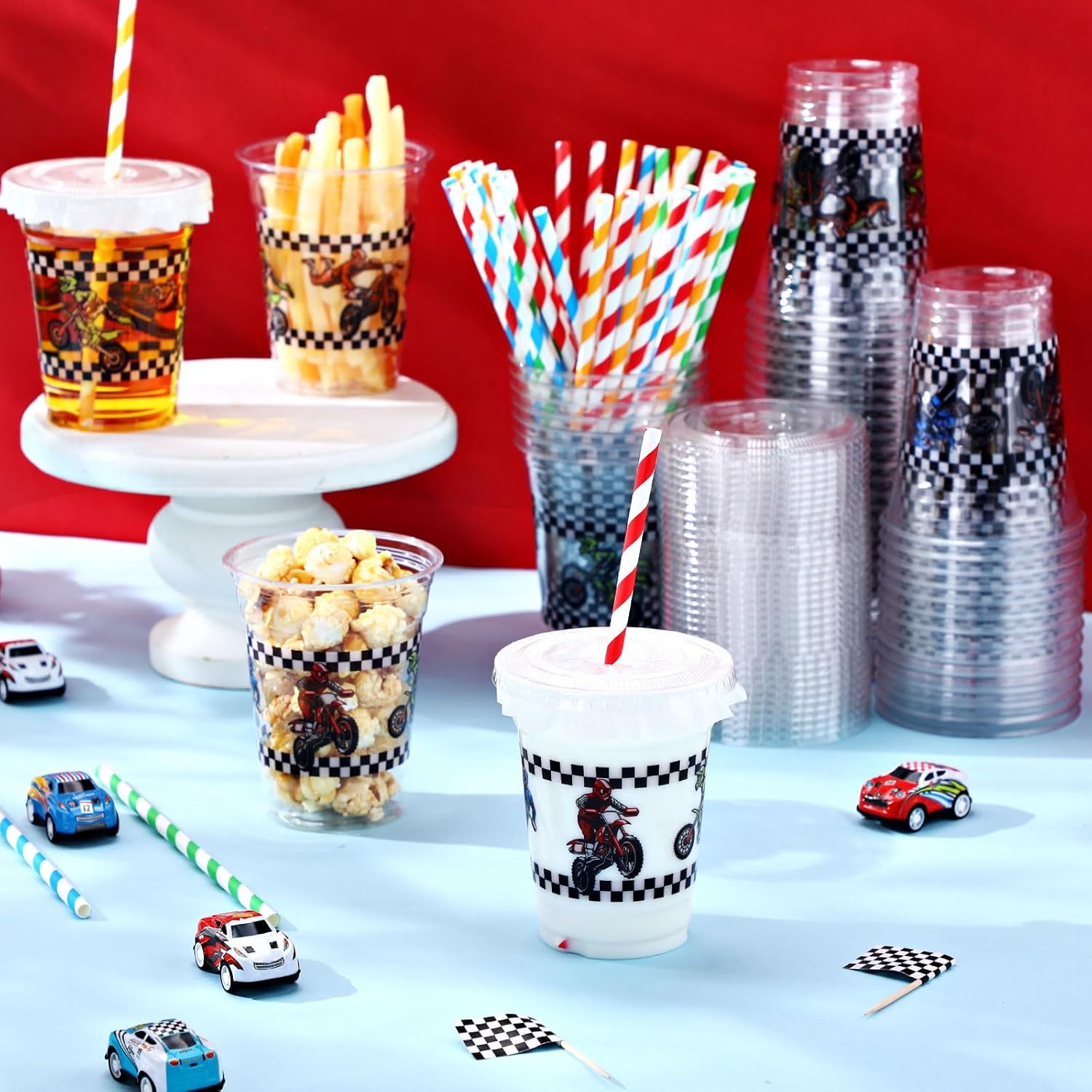 Teenyyou 50 Pcs 12 oz Disposable Plastic Cups with Straws, Lids and Leakproof Paper Clear Birthday Party Cups Supplies Birthday Table Decorations(Dirt Bike,Mixed Color)