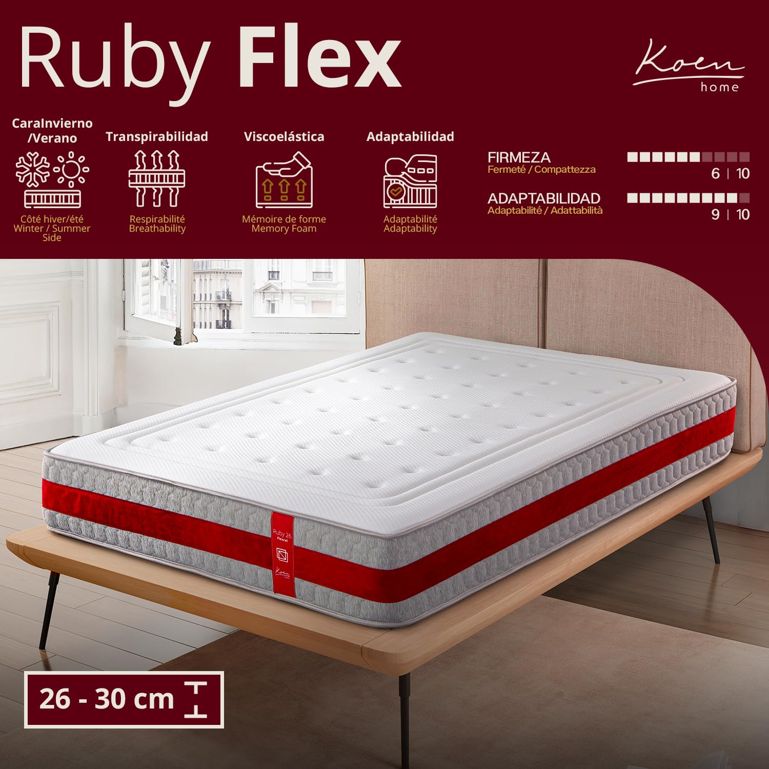Colchón viscoelástico 150x180 cm Ruby Flex - Altura +/- 30 cm - Firmeza Media - Gran Adaptabilidad - Espuma FlexCel de Alta Densidad - Cara Invierno/Verano