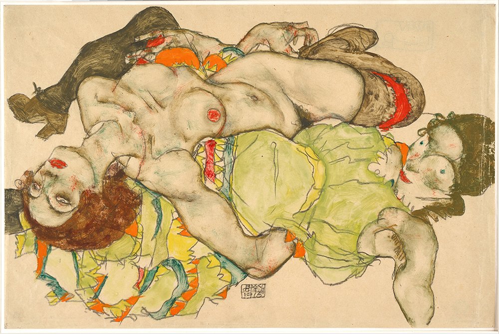 Egon Schiele Female Lovers 1915 Tableau Grand Format Cadre Brun