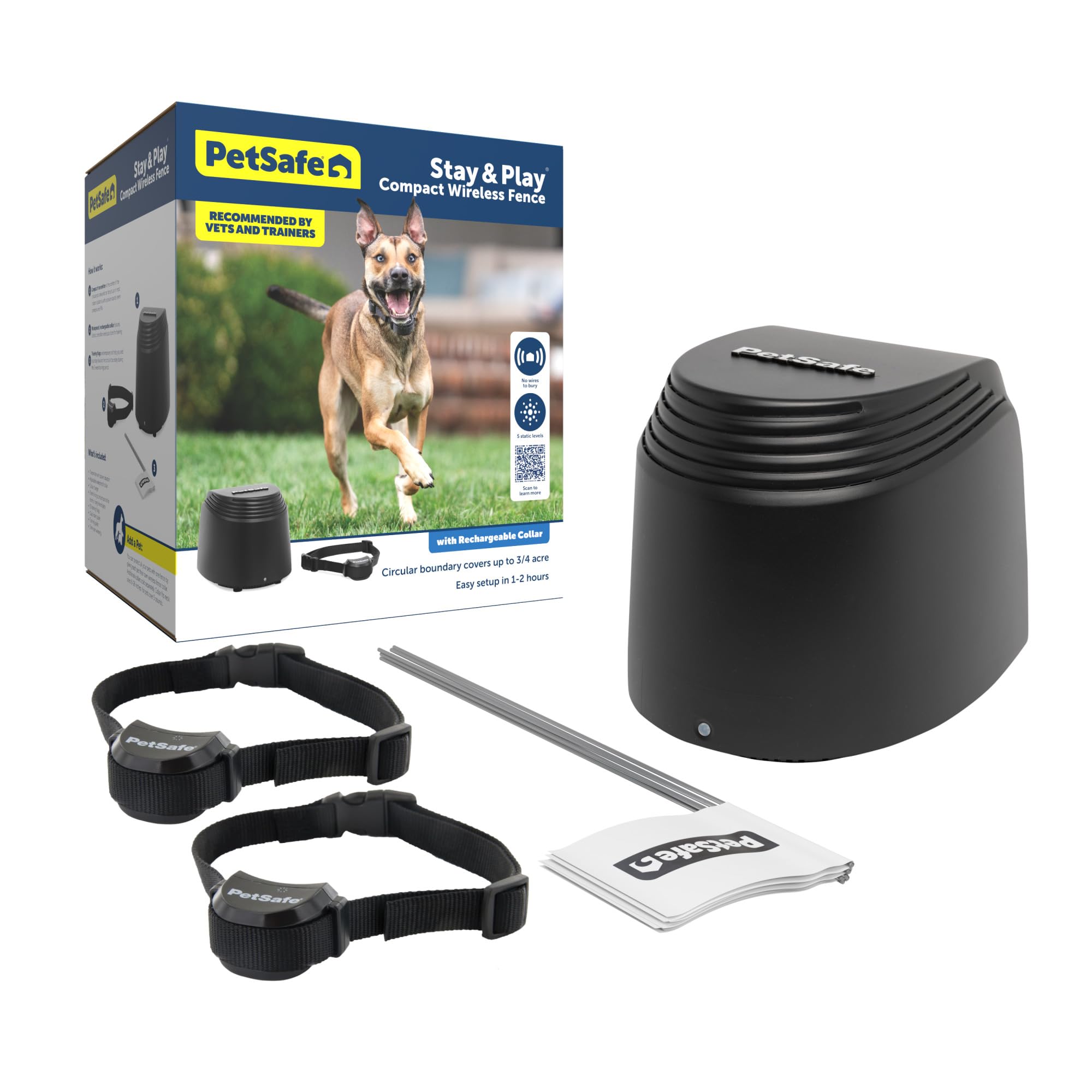 PetSafe Stay & Play 2-Dog Compact Wireless Fence - Portable & No-Dig - Includes 2 Collars - Covers Up to 3/4 Acre - for Dogs 5lb+