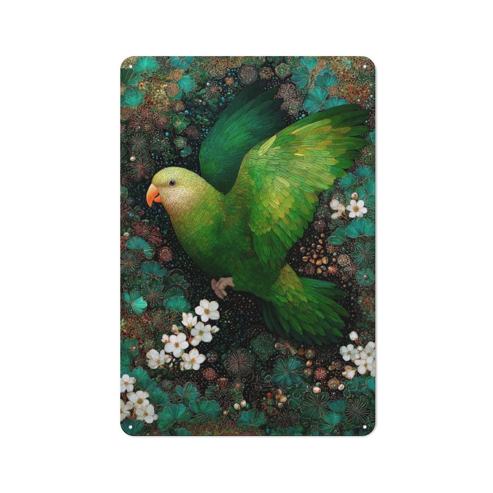 Junmoney Style-16 Tin Wall Plaque 30X20cm With Green Parrot In Floral Paradise For Hallway Wall, Suited To Hallway Decor Lovers, For Retro Home Interiors