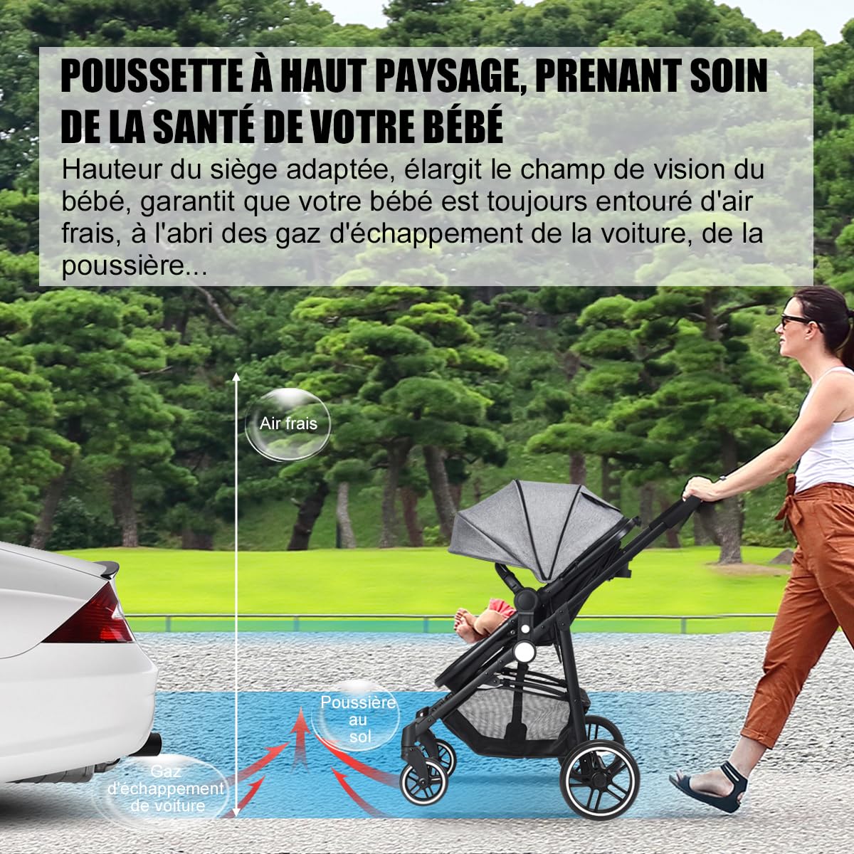COSTWAY Poussette Canne Bébé Pliable 0-3 Ans avec Siège Réversible, Poussette Haute Paysage avec Auvent & Dossier Réglable, Frein à Pied, Harnais à 5 Points, Porte-gobelet, Charge 15kg(Gris)