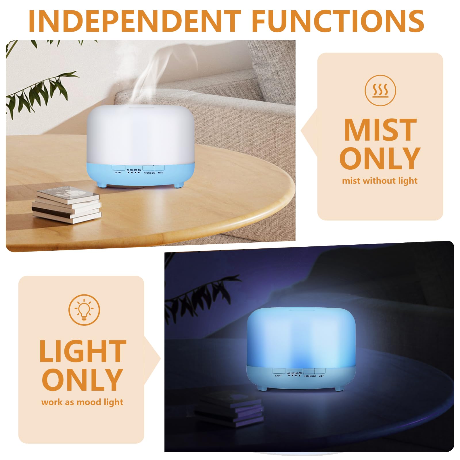 Hianjoo Diffusore di Oli Essenziali 450ml, Umidificatore Ultrasuoni per Aromaterapia Con 7 LED Colori per SPA, Yoga, Camera da Letto (Azzurro)