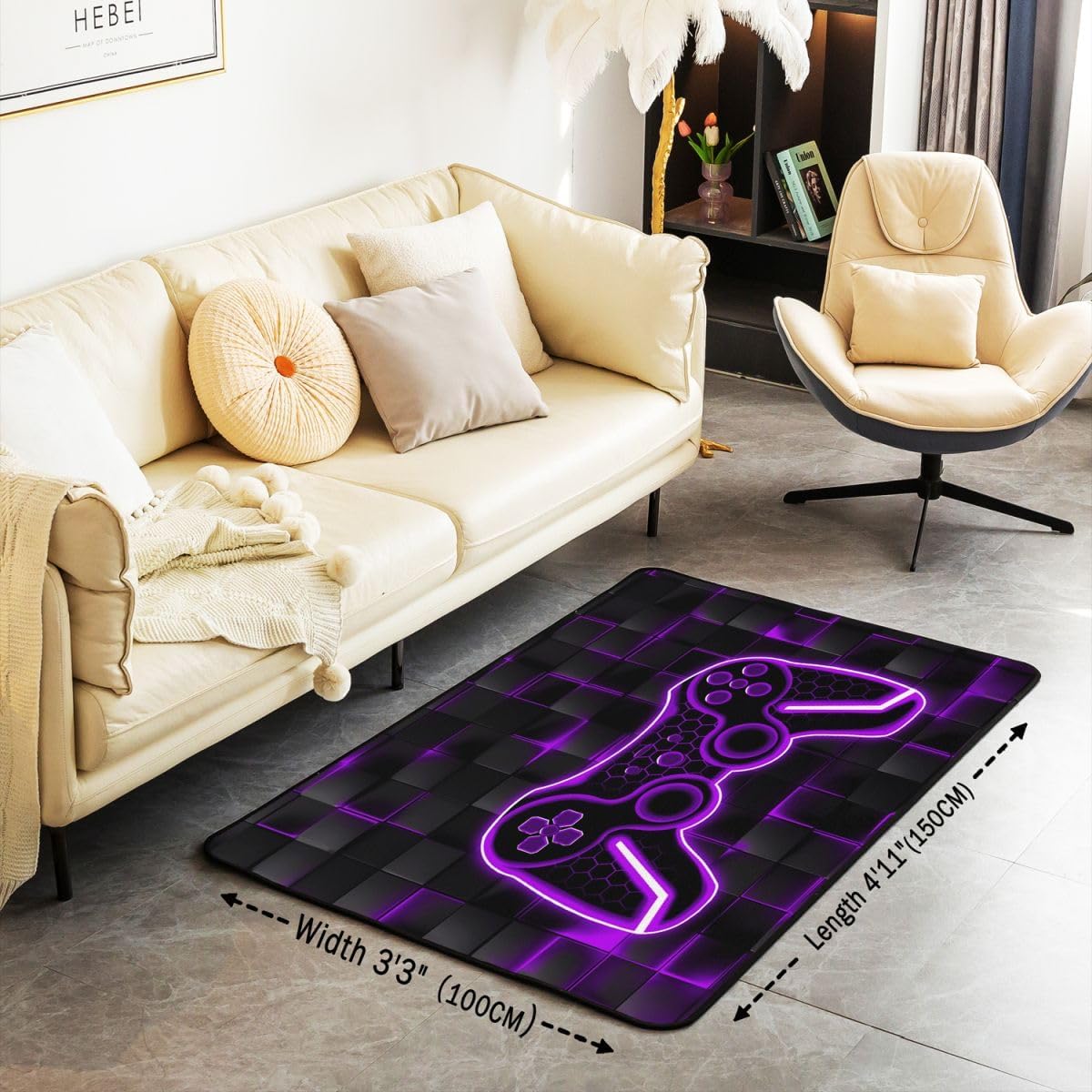 Feelyou Kids Gamer Area Rug 3x5 Purple and Black Rugs for Living Room Bedroom for Boys Teens Room Decor Gaming Ombre Decorative Rug Set Geometric Square Indoor Floor Mat