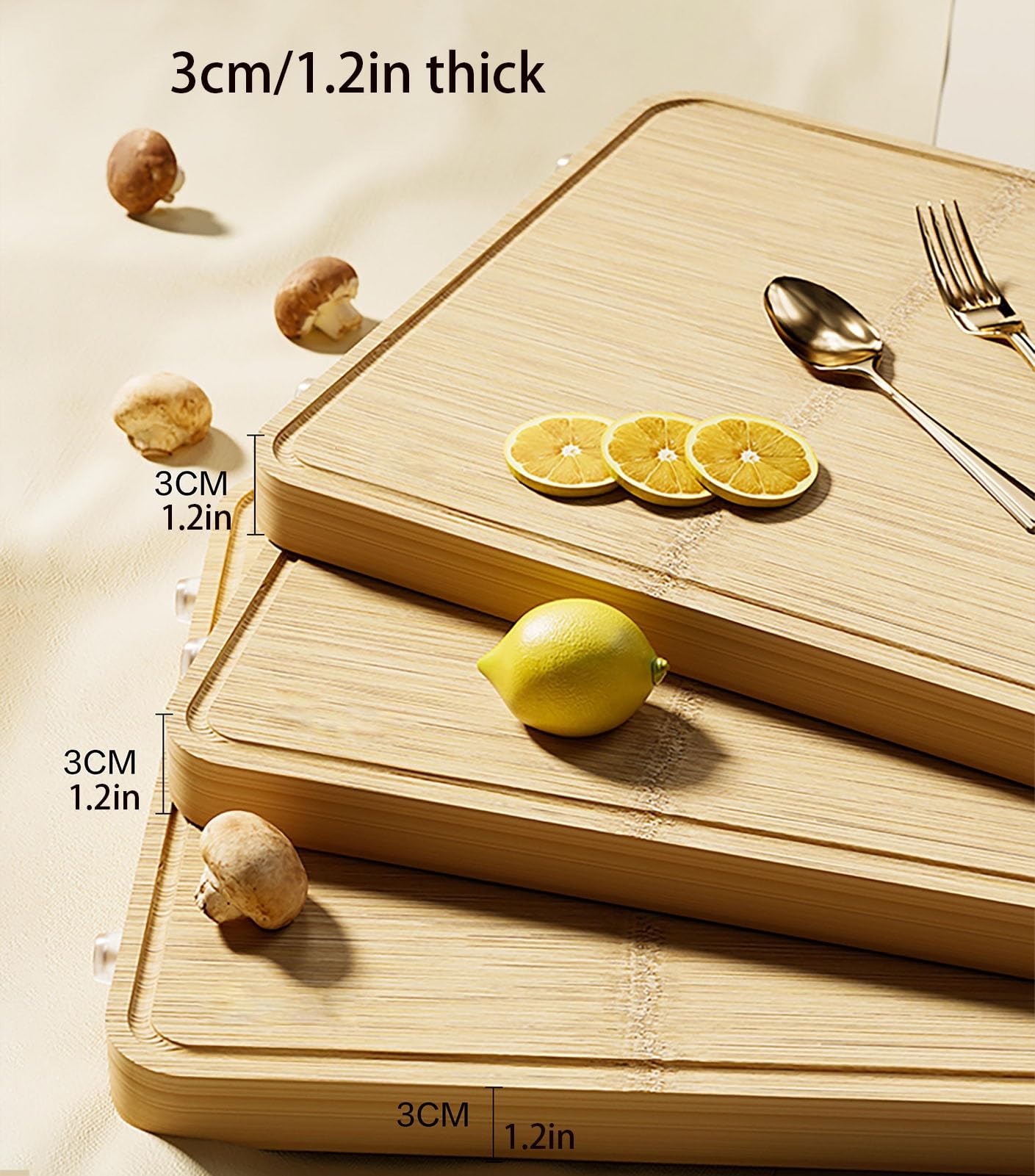 Tabla de cortar de bambú de 3 cm de grosor con mango y ranura for jugo de doble cara, ideal for carnes y frutas, 40 cm, 45 cm/17,7,Tabla de cortar(45cm/17.7in)