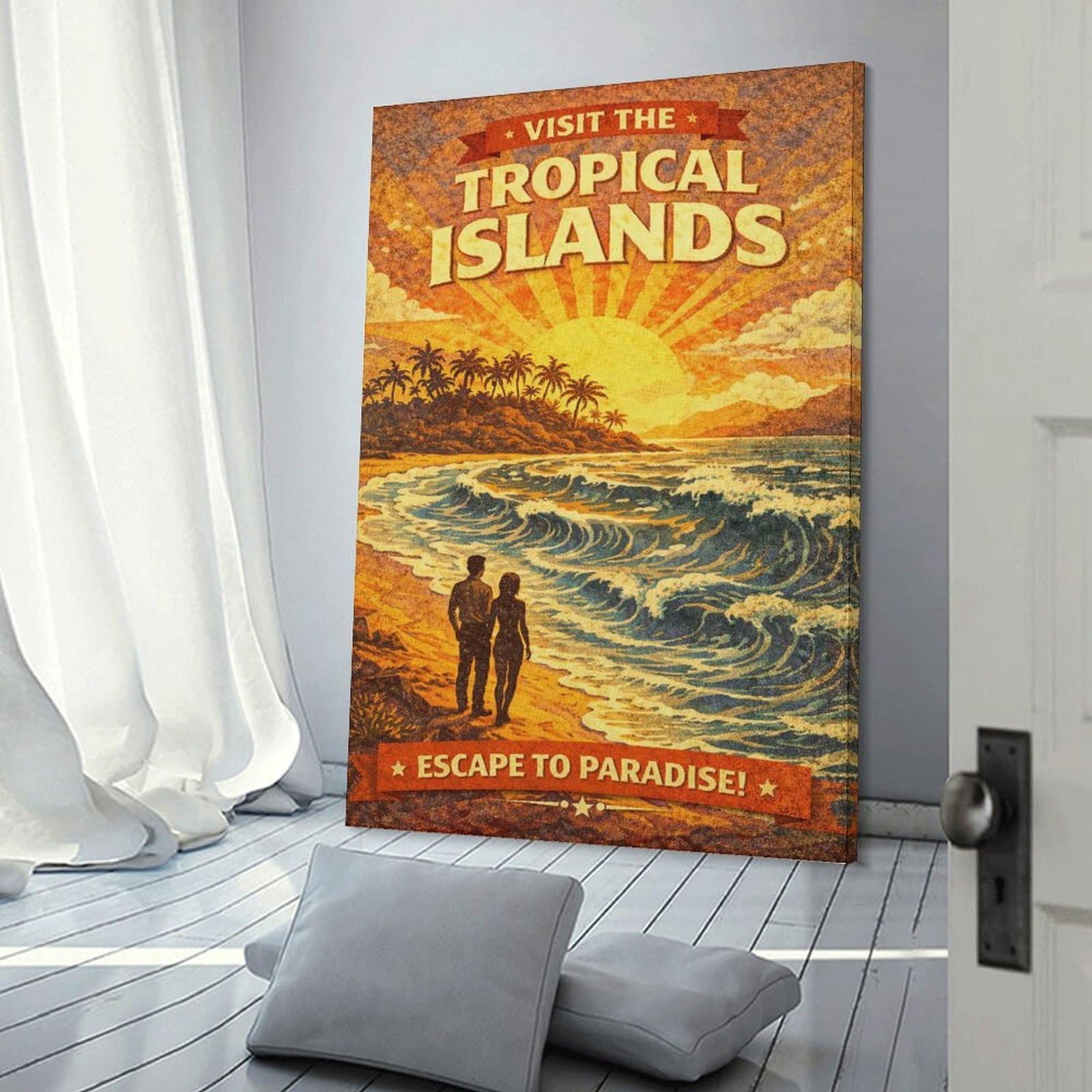 Junmoney Canvas Wall Decor Vintage Tropical Island Travel, 16x24inch(40x60cm), for Bedroom, Guest Room Or Reading Nook, Decorative Wall Art for Cosy Rooms