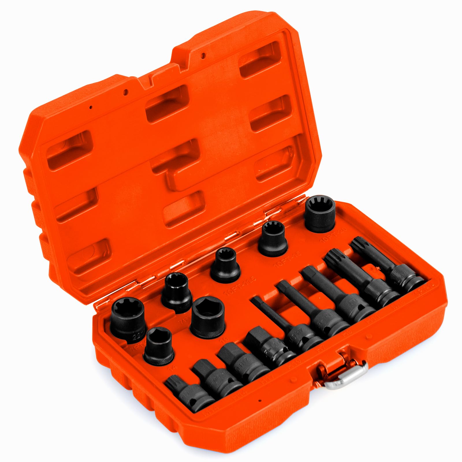 GYMAX Juego de Vasos de Pinza de Freno de Impacto de 16 Piezas, Kit de Herramientas de Desmontaje de Pinza de Freno de Alto Par de Apriete Cuadrado 1,3 cm, con Caja, con BMW, AUDI, Benz (Naranja)