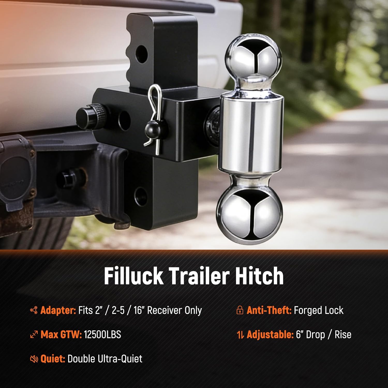 Adjustable Trailer Hitch Fits 2" Receiver, 2" & 2-5/16"(12,500 LBS GTW) Rotatable Dual Solid Ball, 6" Drop/Rise Heavy Duty Aluminum Tow Hitch, Trailer Hitches with Anti-Theft Pin, Black
