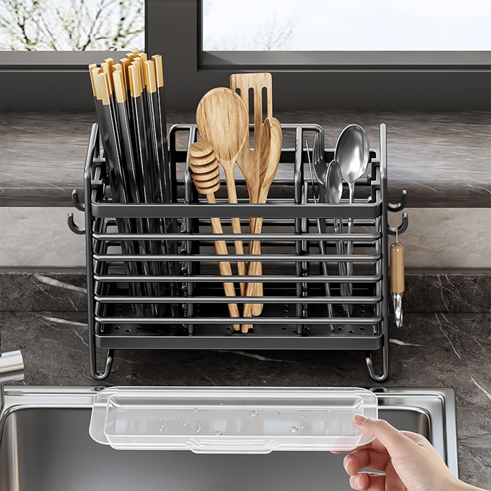 Portaposate da Cucina con Scolapiatti 3 Scomparti Cestello Scolaposate in Acciaio Inox Porta Utensili da Cucina Organizer per Posate Supporto per Utensili per Bacchette Cucchiaio Forchetta
