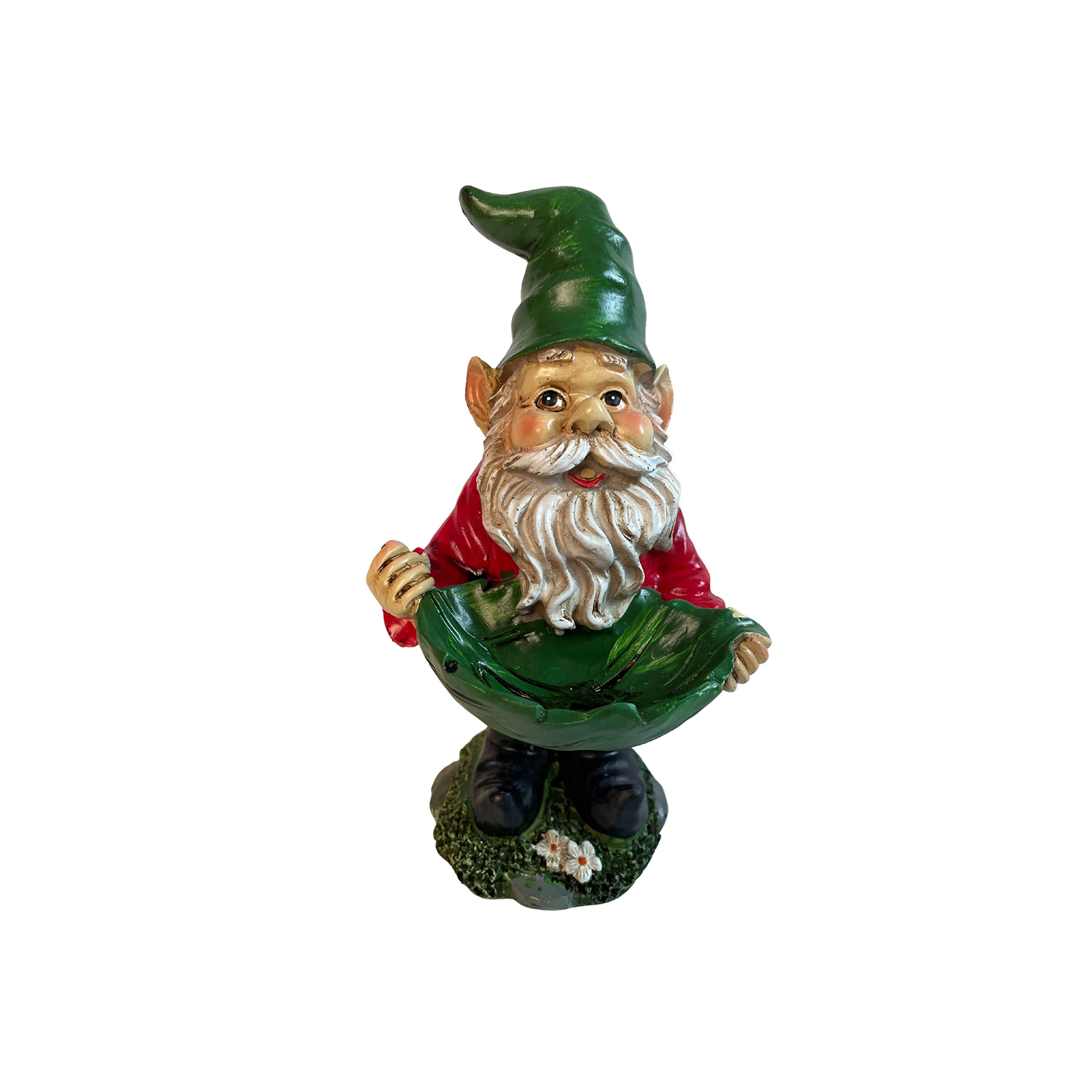 Garden Gnome Outdoor Statue with Bird Feeder (Green Leaf)