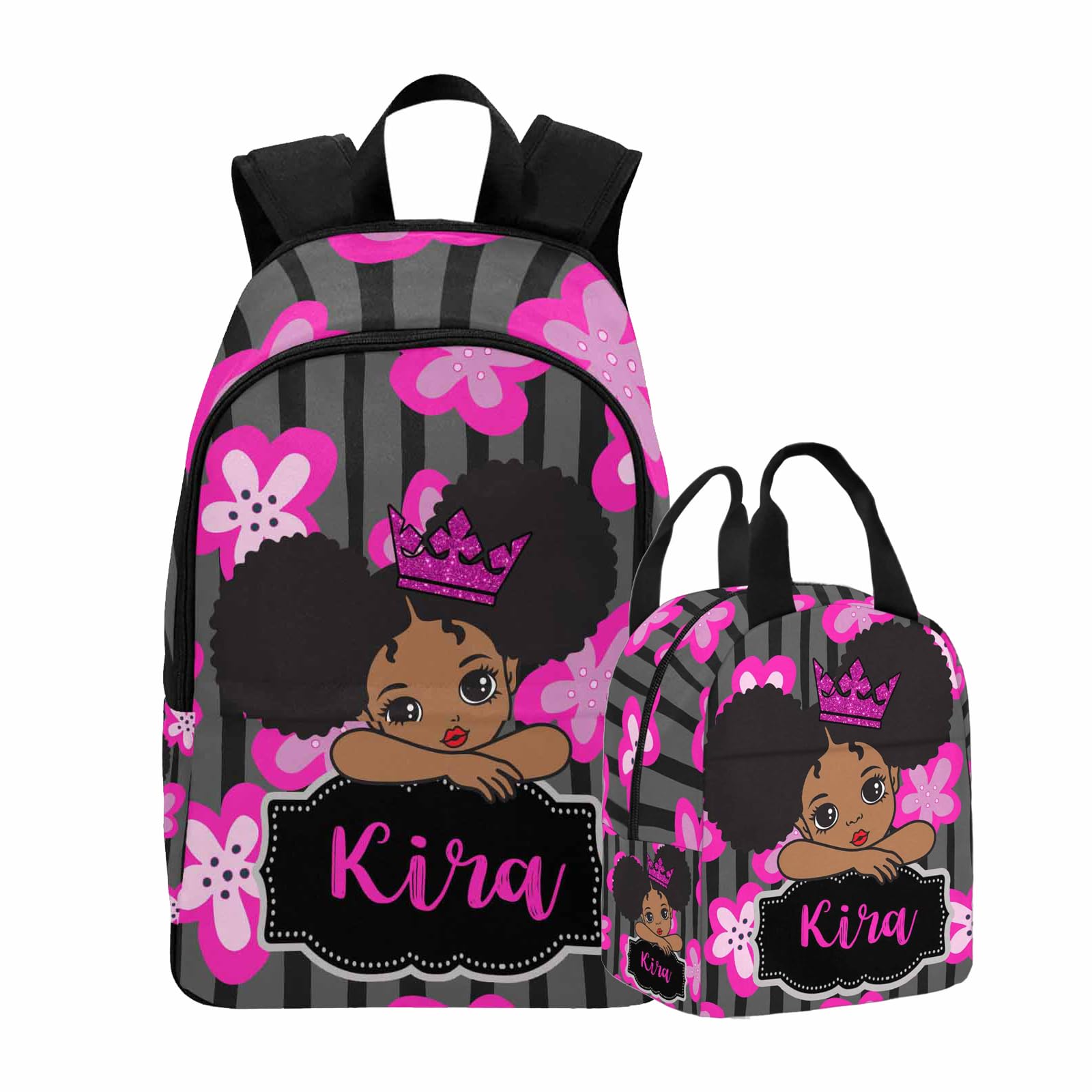 Custom Princess with Crown Backpack Bag for Girls Friends with Lunch Box, Personalized Floral Stripes Elementary School Bookbag with Lunch Tote Bag