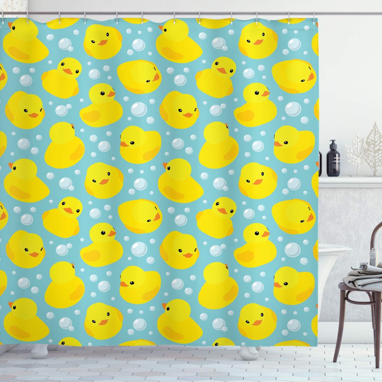 Ambesonne Cartoon Shower Curtain, Happy Rubber Duck and Bubbles Pattern Theme Art, Cloth Fabric Bathroom Decor Set with Hooks, 69" W x 70" L, Yellow Aqua 69" W x 70" L Yellow Aqua