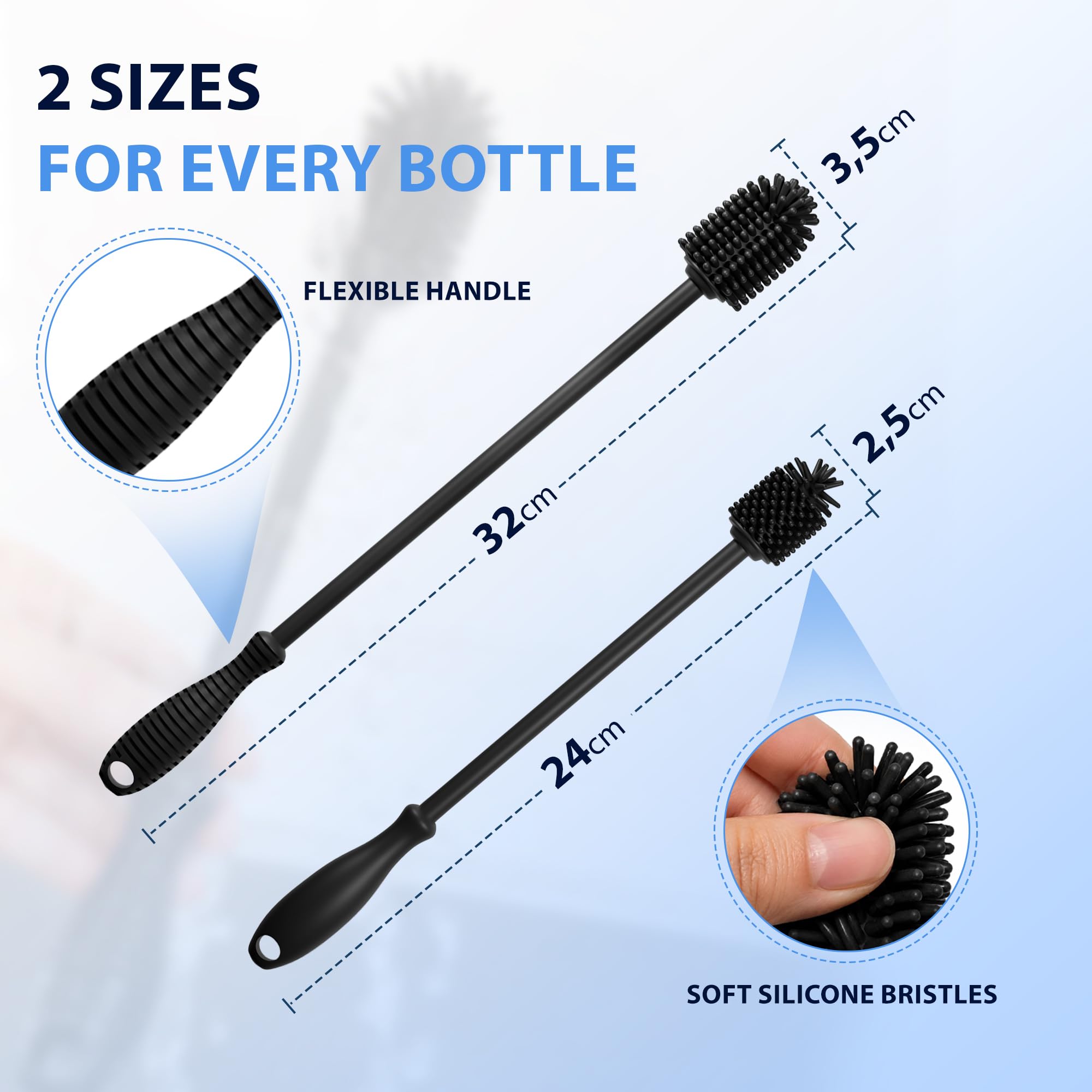 JAWAonline zestaw szczotek do mycia naczyń 32cm i 24cm - szczotka do butelek silikonowa delikatna i odporna na zarysowania - elastyczna szczotka - szczotka do czyszczenia małych i dużych butelek