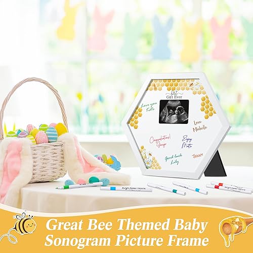 Miniatura 6 de Thyle Marco de sonograma de panal para baby shower con 12 marcadores, regalos de fiesta de baby shower, marco distintivo, libro de invitados, imagen