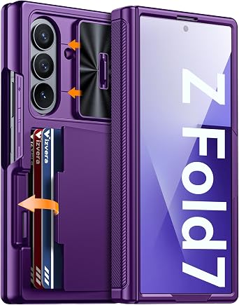Vizvera for Samsung Galaxy Z Fold 7 Case RFID Wallet with Cards Holder [Hinge Cover] [Camera Cover] Shockproof Silicone Protective Phone Case for Z Fold 7 2025-Purple