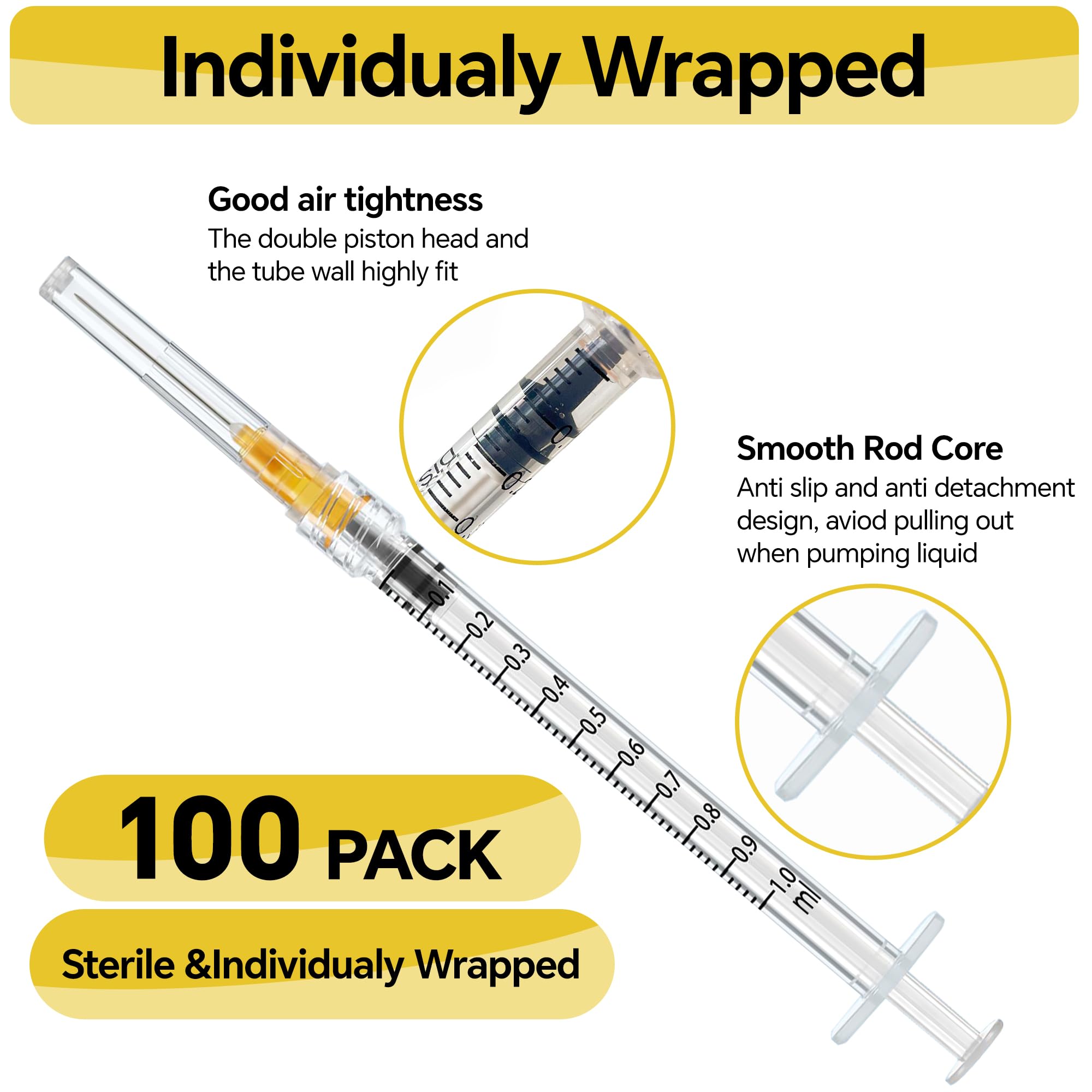 100 Pack 1ml Syringes with 25G 1inch Needle, Disposable 1cc Syringe for Scientific Labs Individually Wrapped. — Amazon image 2