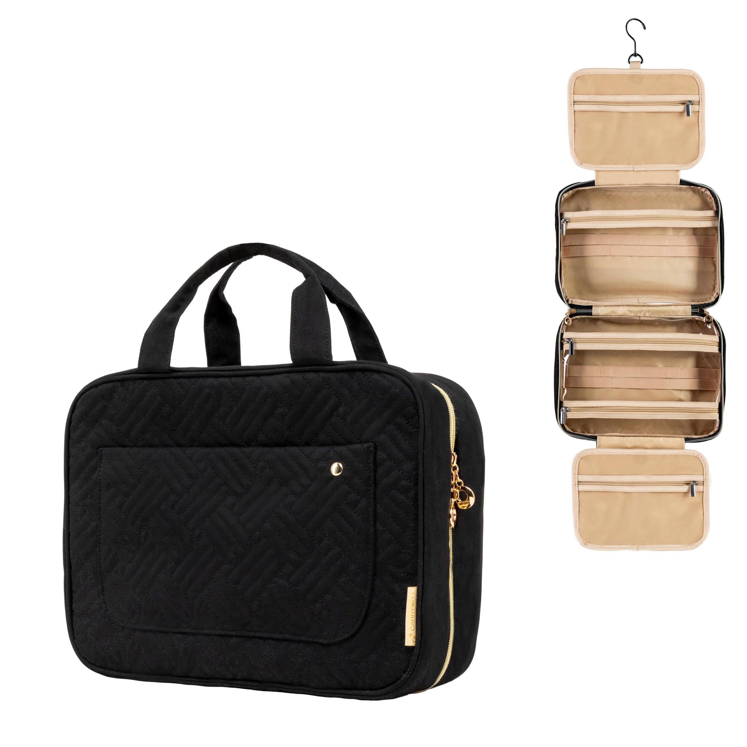 Carrywell Toiletry Bag Travel Bag with Hanging Hook, Makeup Organizer Case, Water-Resistant Cosmetic Bag For Full-size Containers, Toiletries, Black