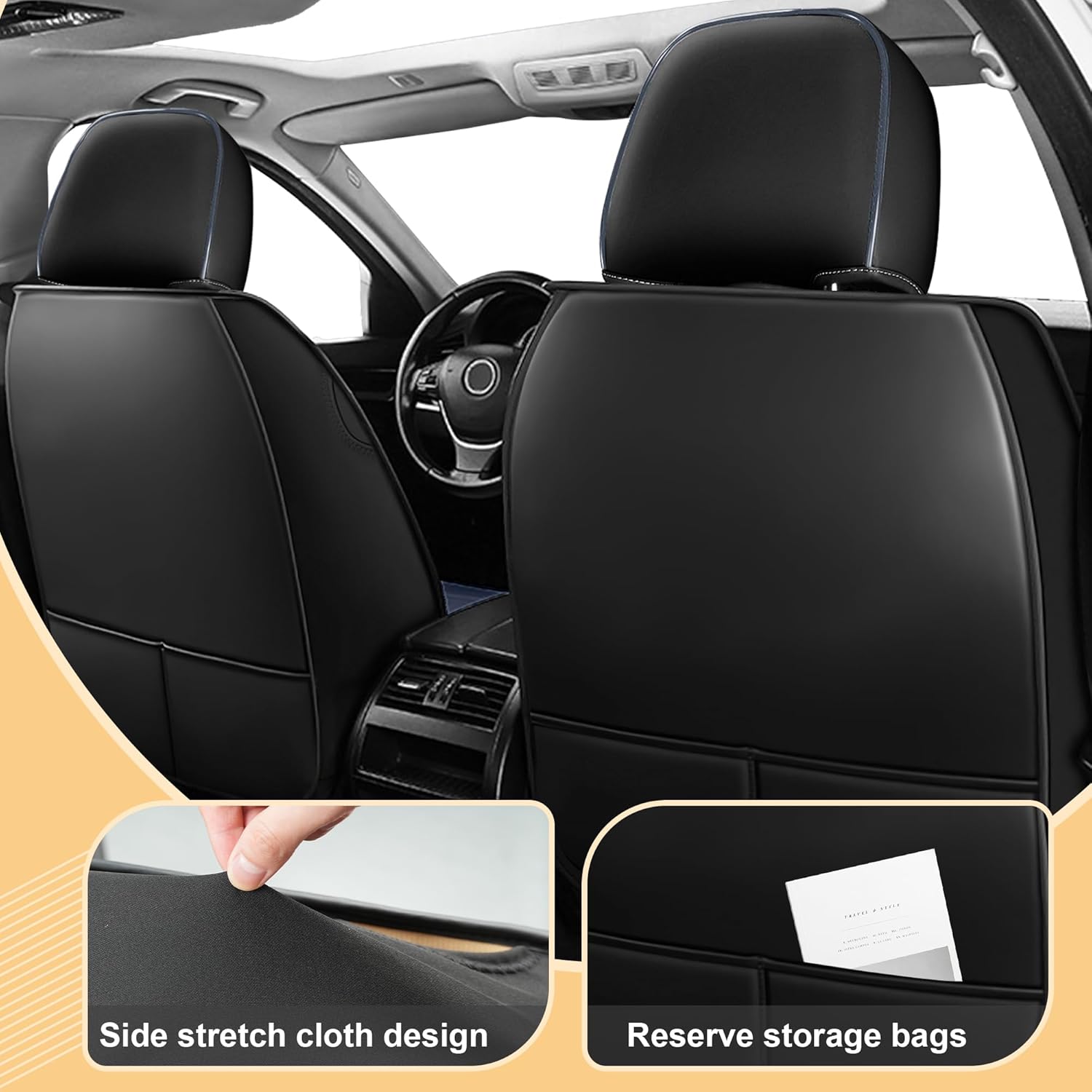 Car Seat Cover for Audi A6 2000-2024 Full Coverage Nappa Leather Car Seat Protector, Fashion Anti-Slip Waterproof Breathable Easy to Install, Auto Interior Accessories(Full Set,Black&Blue)