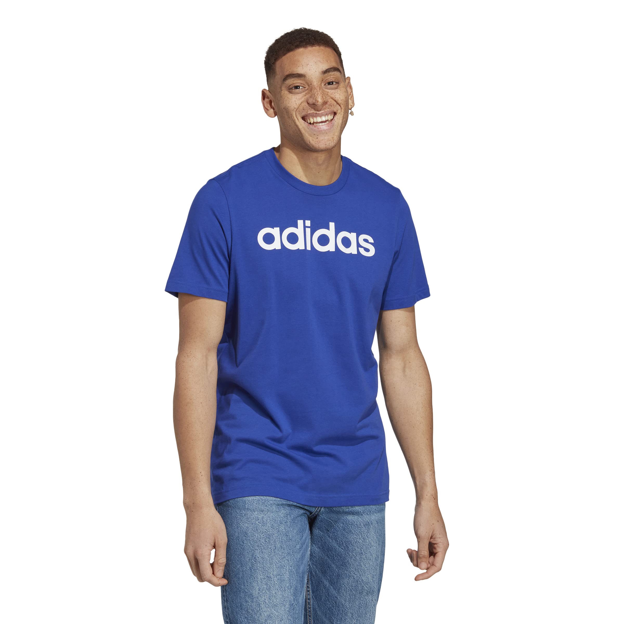 Adidas Men's Semi Lucid Blue Essentials Single Jersey Linear Embroidered Logo T T-Shirt, L