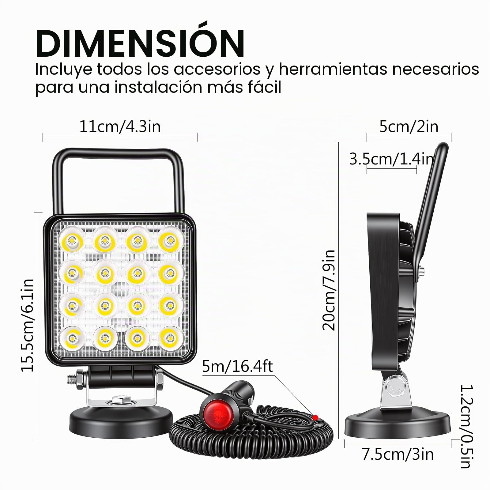 RIGIDON 4 Pulgadas 48W luz de trabajo led con base magnética, Spot Lámpara Trabajo led Portatil 12V 24V para Off Road camión Coche SUV 4x4, Faro Foco led con imán 6000K Blanco