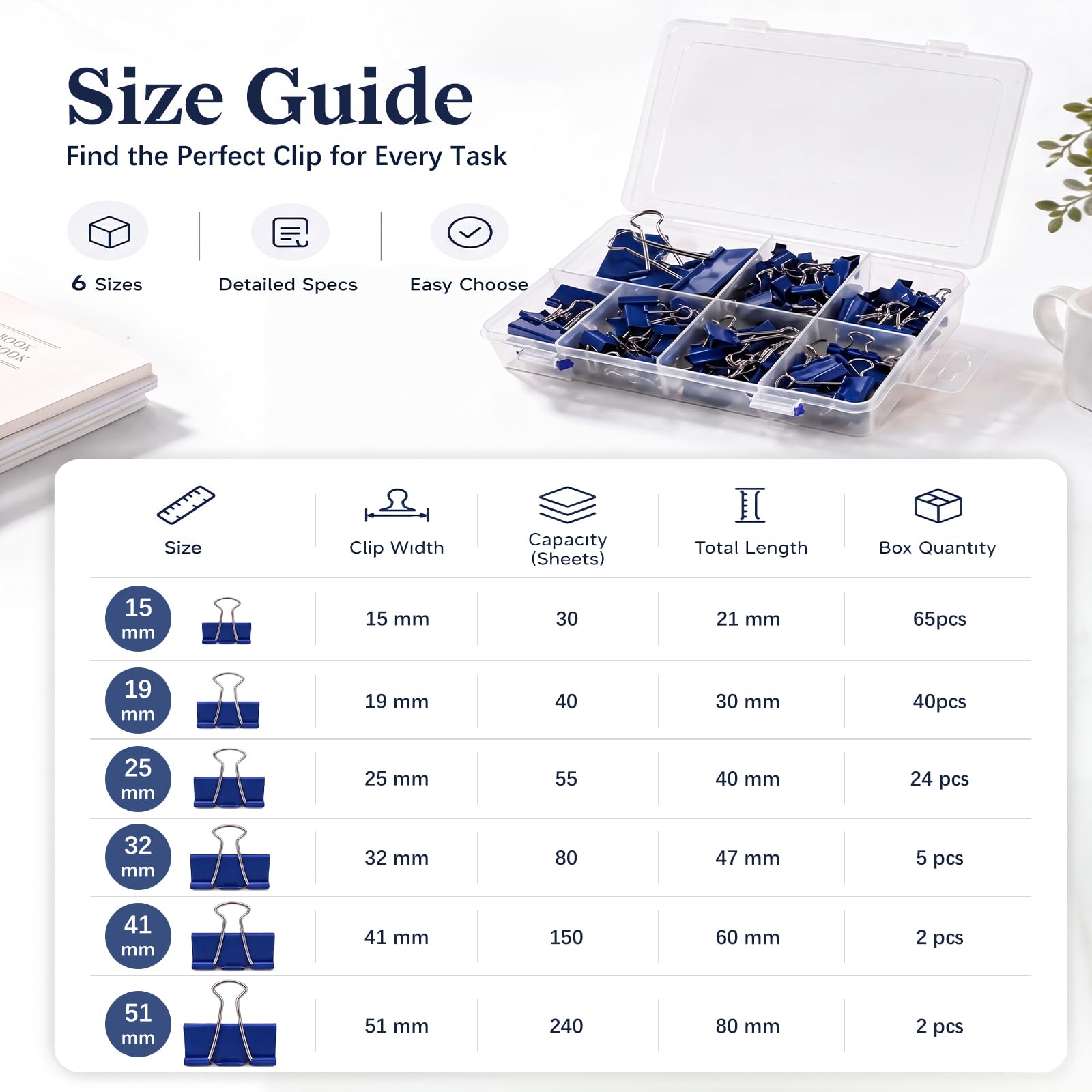 Temiary 138 clip per raccoglitore, 6 misure assortite, con contenitore, blu