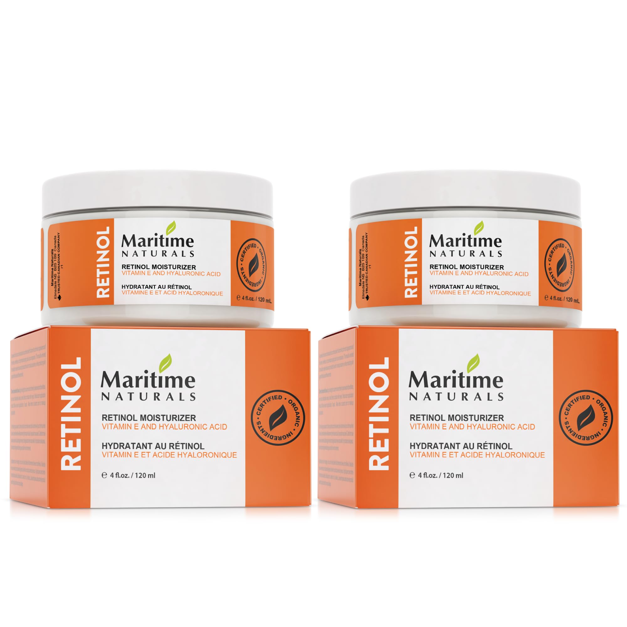 Maritime Naturals Retinol Moisturizer with Hyaluronic Acid & Vitamin E, Face Cream for Women and Men, Organic Ingredients (2 x 120ml) Born in Nova Scotia, Canada