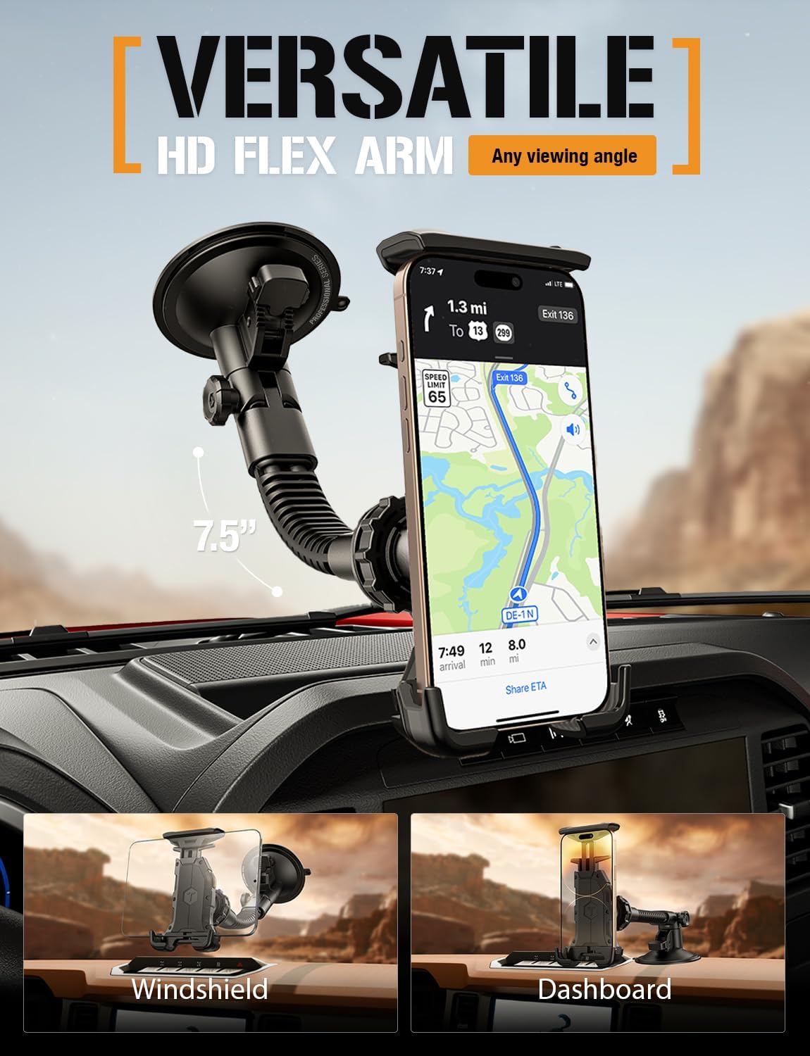 ToughTested Phone Holder GPS Mount, Heavy Duty Suction Cup Tablet Holder for Windshield, Fits Max Smartphone & Tablet(Up to 12.1"), Off-Road Ready, Vibration-Free, Ideal for Truck Driver & Adventurer