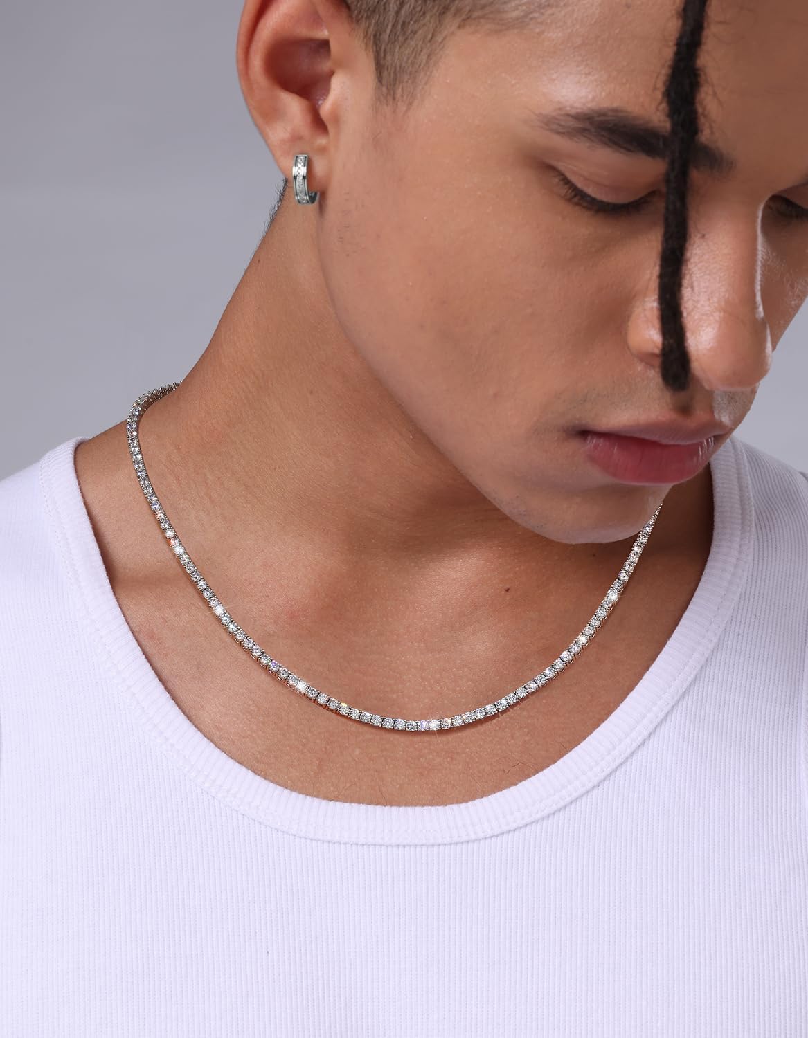 KRKC Tennis Necklace for Men 14K White Gold Plated, 1 Row AAAAA+ Cubic Zirconia Link Chain with, 3-5mm Width Durable Tennis Chain Jewelry Christmas Gift (18-24 Inches) Hypoallergenic