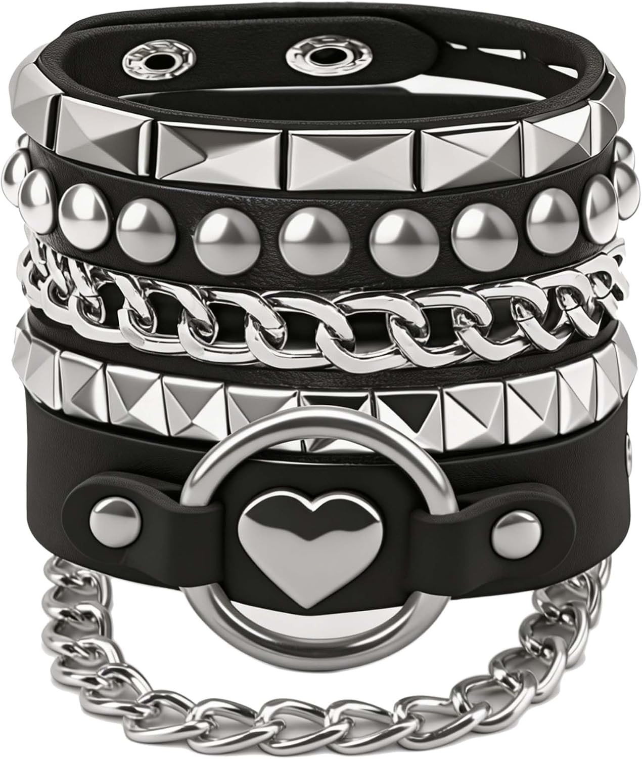 3Pcs Emo Punk Heart Pyramid Chain Leather Wrap Bracelets Set for Rave Women