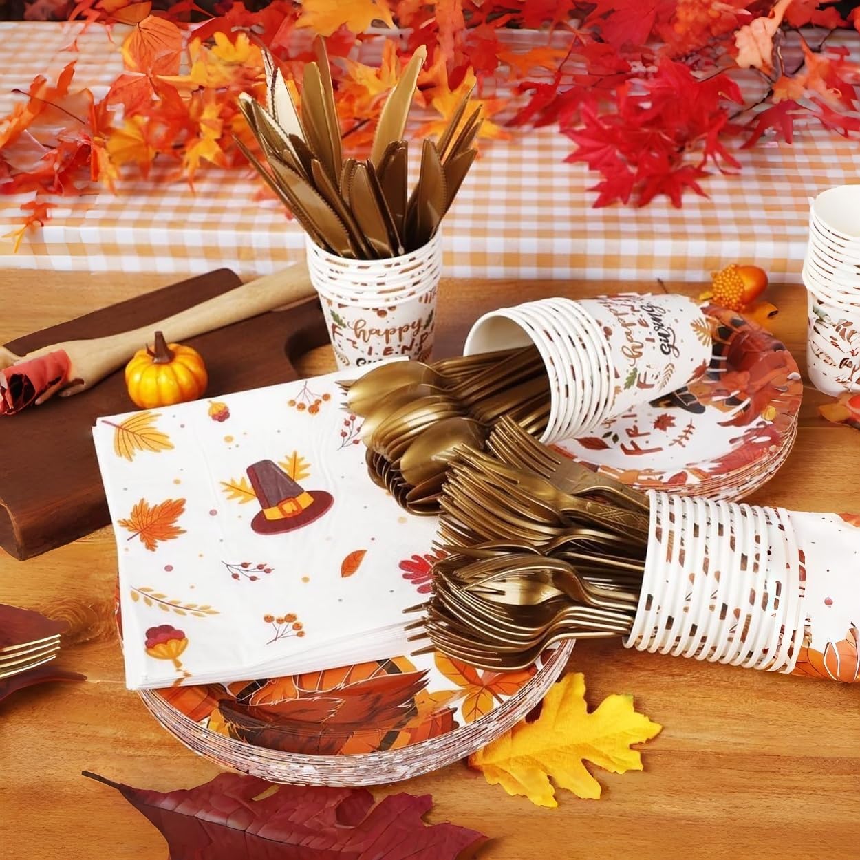 Thanksgiving Fall Party Supplies - 210 PCS Thanksgiving Paper Plates and Napkins Sets Pumpkins Disposable Dinnerware Set for Friends' gather Autumn Harvest Party Supplies Decorations, Serve 30 Guests