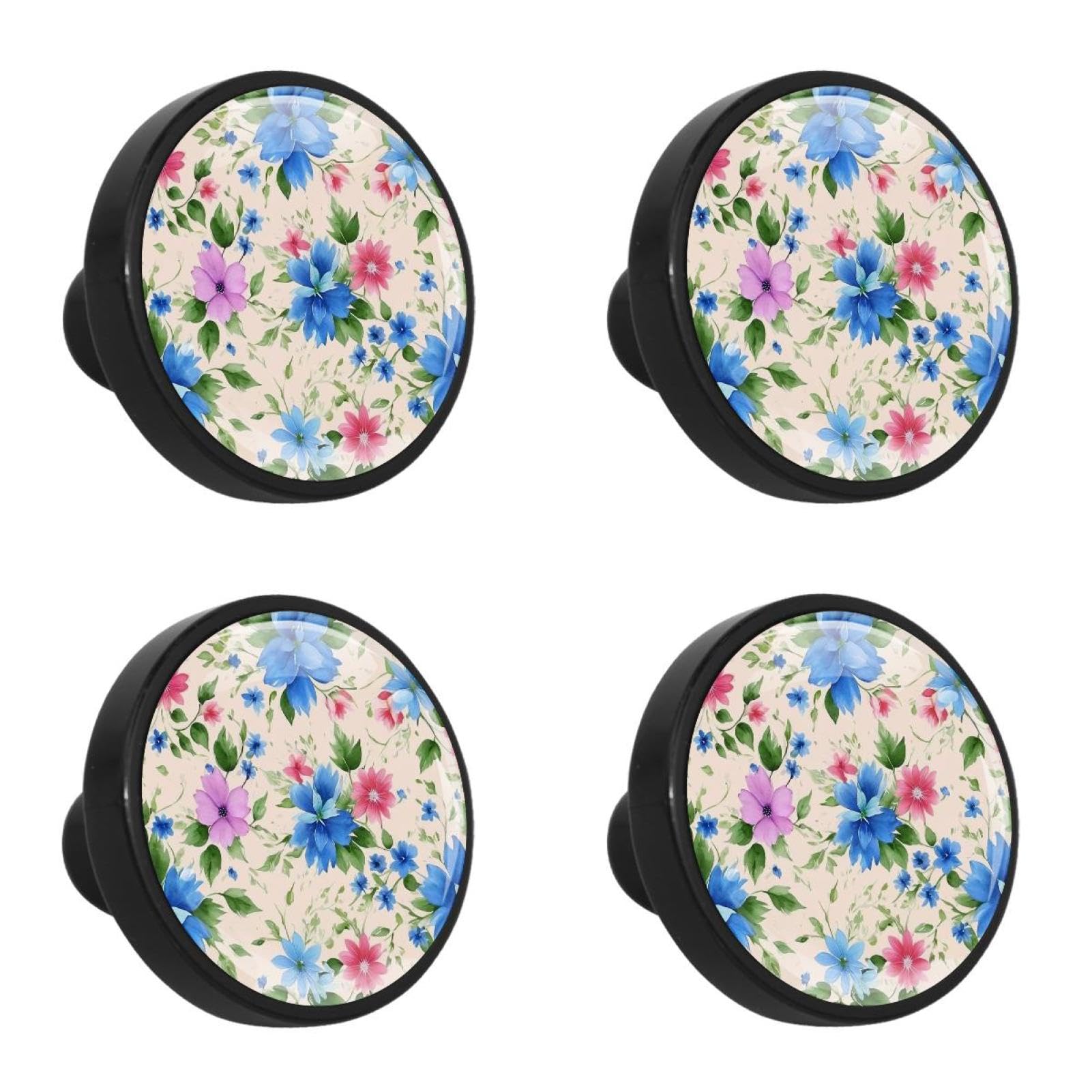NUEAHEDN 4 PCS Aesthetic Colored Flowers Cabinet Knobs, Bathroom Drawer Pulls Handles, Round Dresser Knobs Door Knobs for Kitchen Cupboard Nursery Wardrobes
