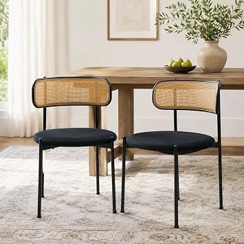 Rattan Dining Chairs Set of 2, Mid Century Modern Dining Chairs with Cane Back and Boucle Upholstered Seat, Farmhouse Kitchen Chairs for Dining Room and Living Room, Black