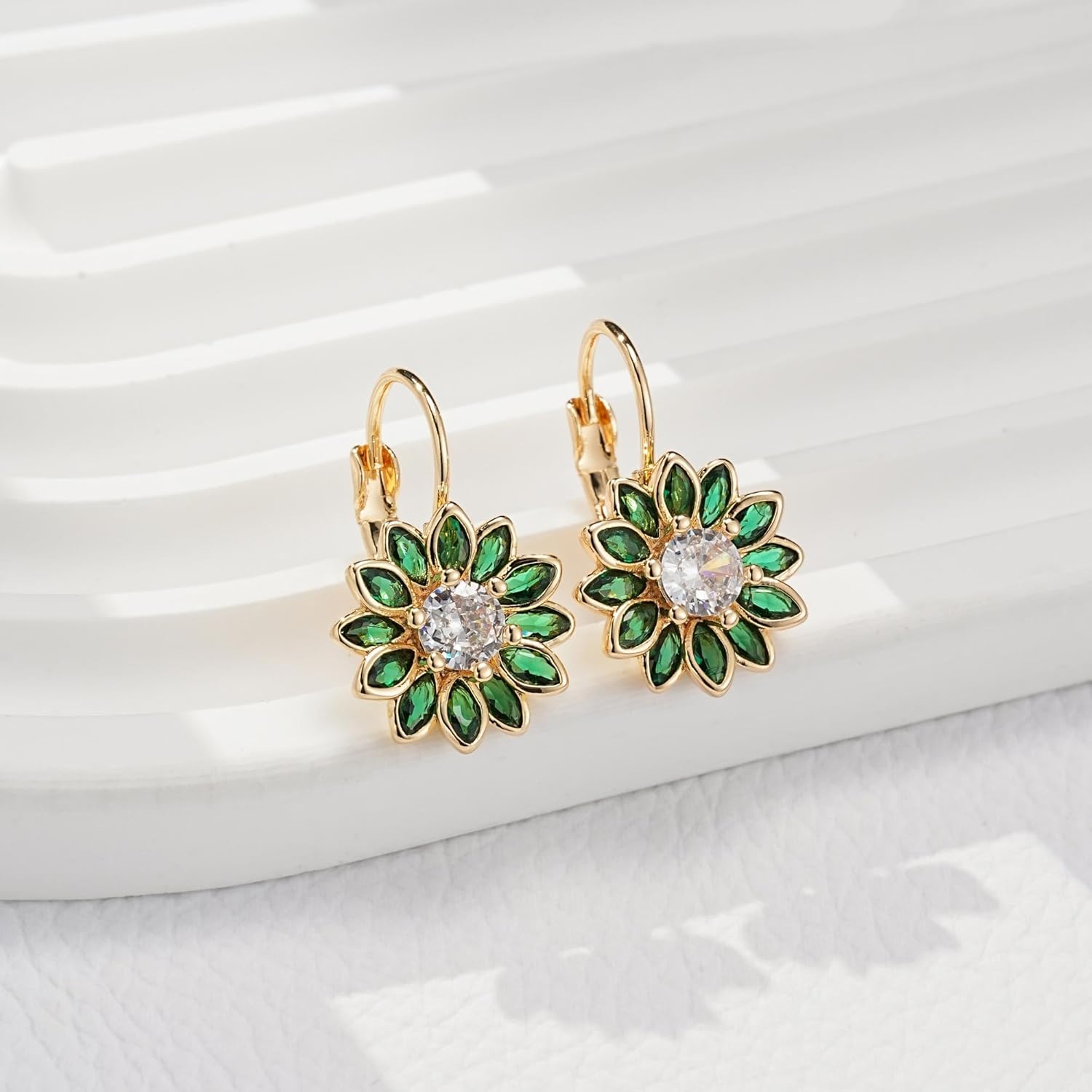 Austrian Crystal Flower Drop Leverback Earrings for Women Fashion 14K Gold Plated Hypoallergenic Jewelry - Image 5