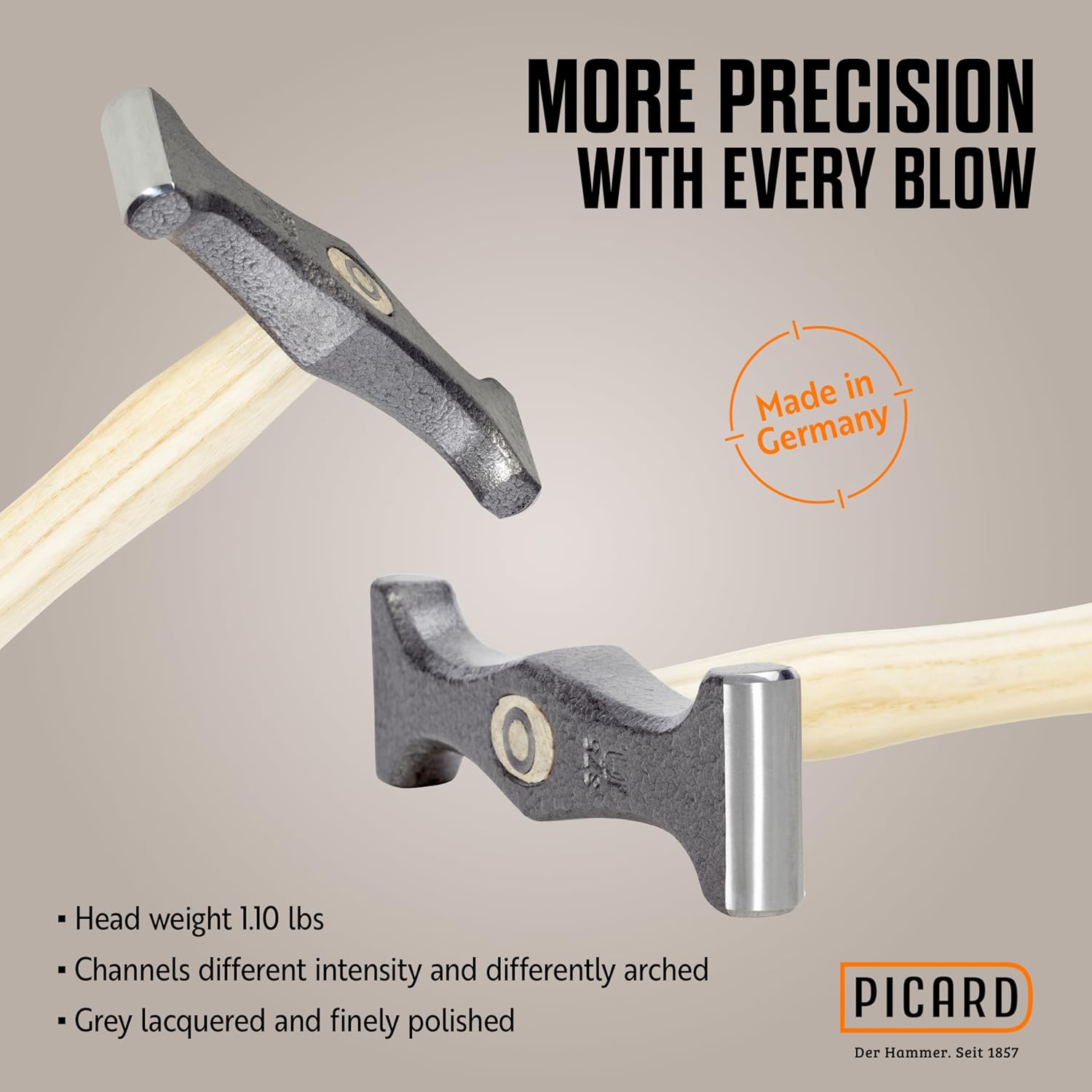 Picard Grooving Hammer 500g – Dual Cross Peen Hammer, Arched & Polished Faces, Grey Enamel Finished Alloy Steel Head, Ring Wedge Fixture, Ash Handle – 0017501-0500