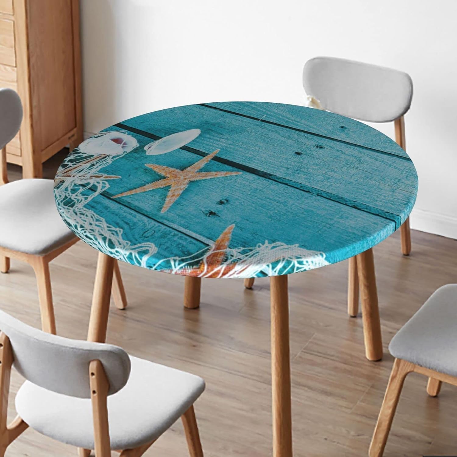 Maritime Round Fitted Table Cover with Elastic Edges,Table Cover for Indoor Outdoor Kitchen or Party ,Waterproof Oil-Proof Stain-Resistant wipeable- Fits Tables up to 57″ - 68” Diameter,Aqua and Tan