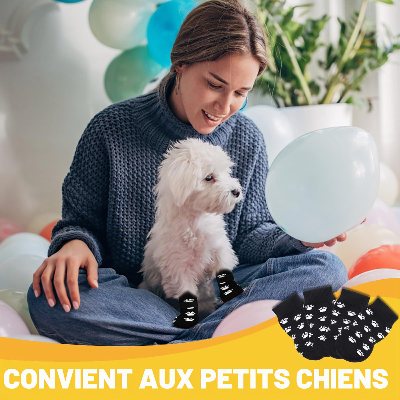 AUAUY Chaussettes Anti-Dérapantes Chien Chat, Chaussette Chien, Protège Les Pattes de l’Animal et Les Sols Intérieurs, avec Bandes De Fixation Réglables, pour Les Petits ou Moyen Chiens et Chats - S
