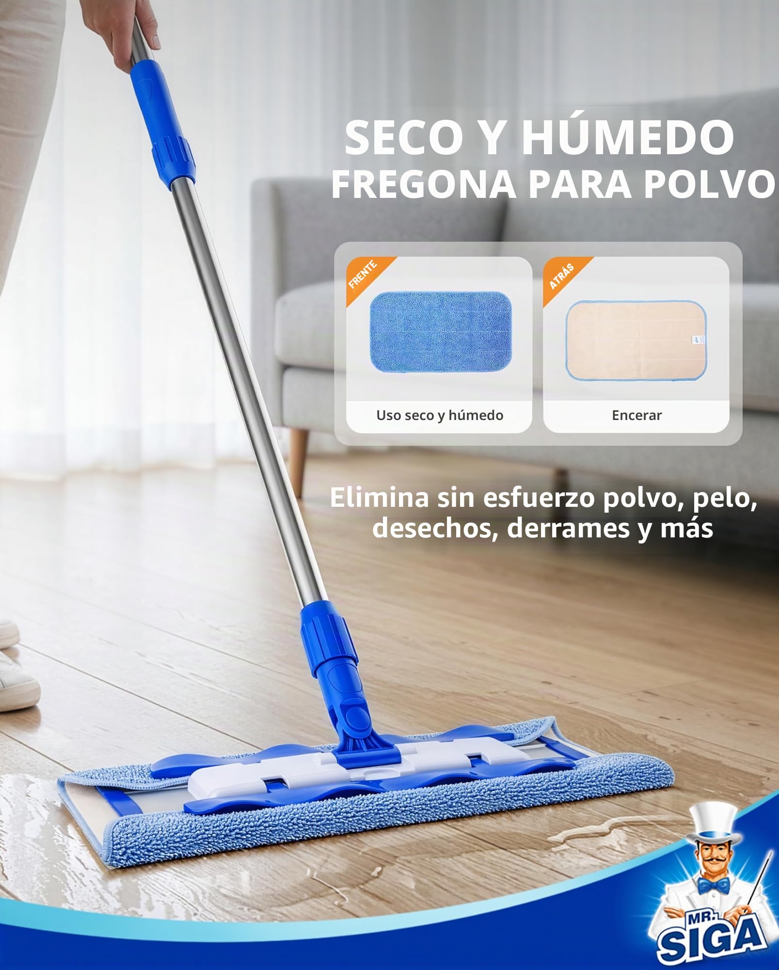 MR.SIGA Mopa Profesional de Microfibra para Limpiar Suelos de Madera, laminados y baldosas, Mango telescópico de Acero Inoxidable - 3 recambios de mopa Plana Reutilizables incluidos