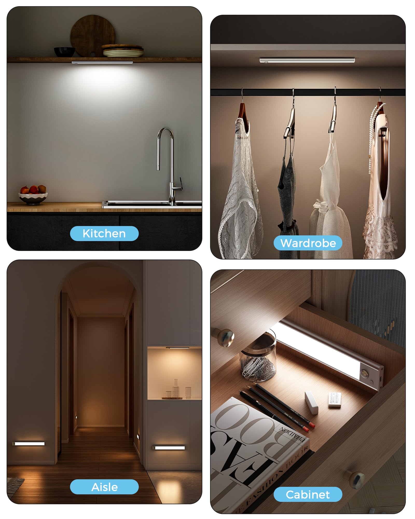 ASOKO Unterschrank-Lichter, Bewegungsmelder, USB-C, wiederaufladbar, LED-Schranklichter, batteriebetrieben, kabellos, magnetisch, für Küche (weiß, 3 Packungen - 30,5 cm)