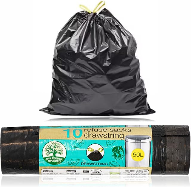 Bin Bags Refuse Sacks With Drawstring Heavy Duty for Kitchen Bathroom Garbage Pedal Dustbin Liners Composable Recycled Strong For Office Garden Catering Commercial Waste Black 50L (black pack of 10)