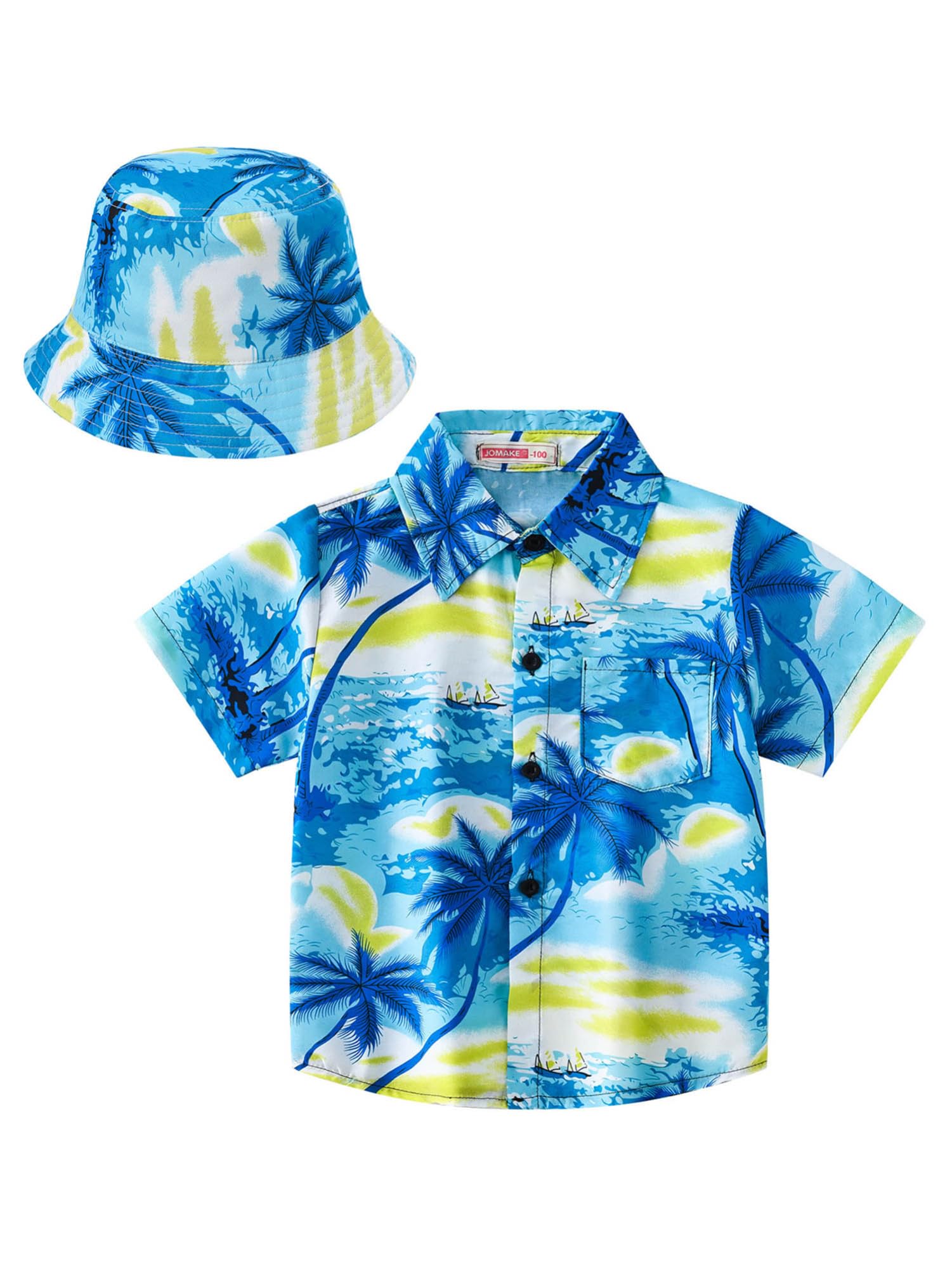 IEFIEL Traje Hawaiano de Verano para Niños con Estampado Camisa de Manga Corta Bolsillo Frontal con Sombrero Camisa de Playa Vacaciones 3-14 Años