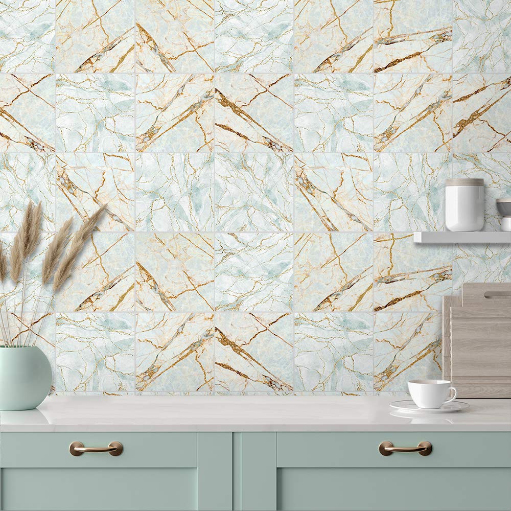 Alwayspon 30Pcs Peel&Stick Wall Tile Transfers Sticker for Home Decor, 15x15cm Self-Adhesive Splashback Tile Decals for Living Room Kitchen Bathroom Decor, Cyan Marble