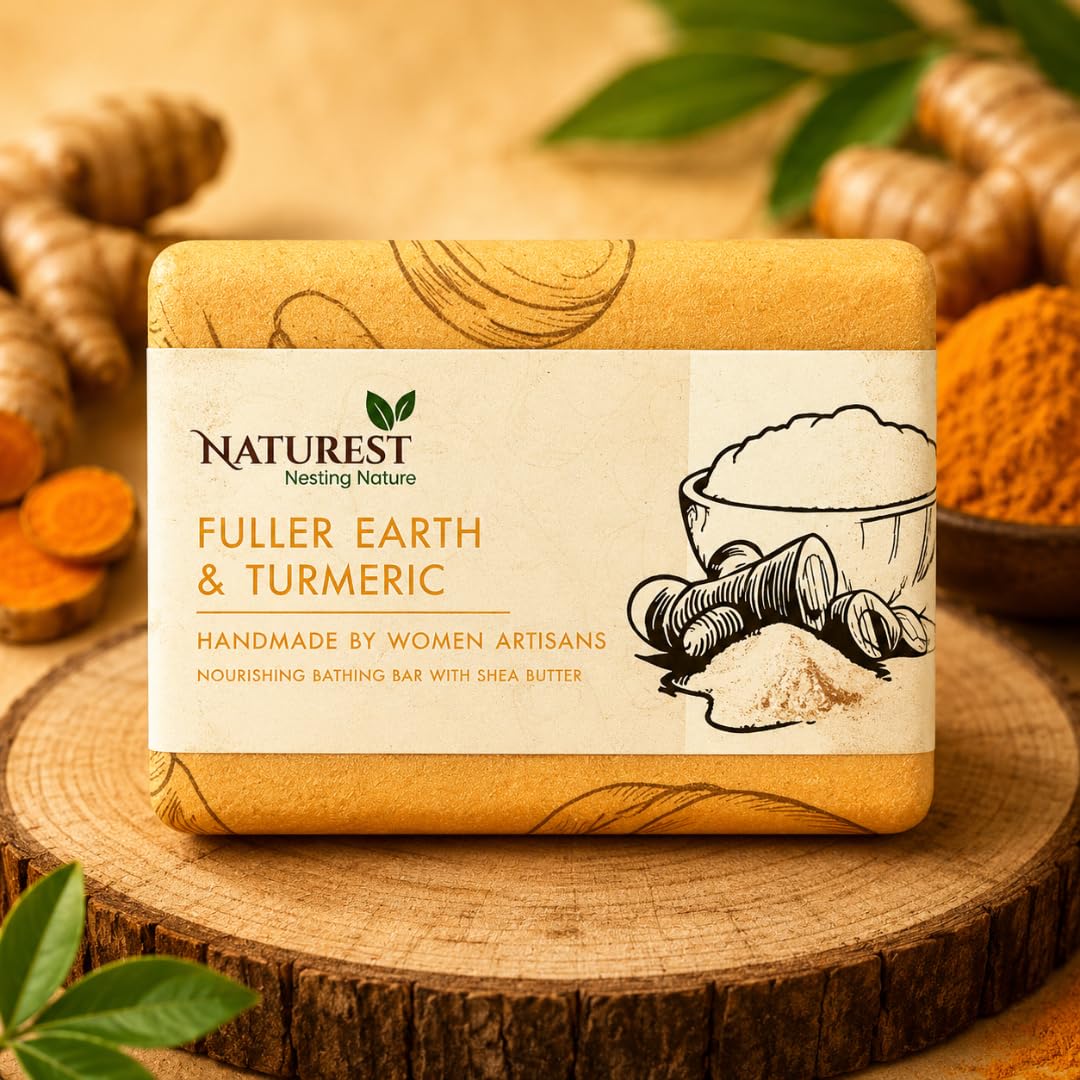 naturest fuller's earth & turmeric bathing bar handmade soap | tan removal, oil control, deep cleansing, brightening, acne prone skin
