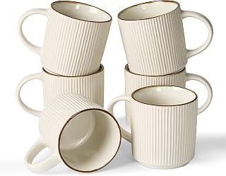 Famiware Star 12oz Coffee Mug Set of 6 - Ceramic Stoneware Mugs with Handles, Microwave Dishwasher Safe, Stackable White Drinkware