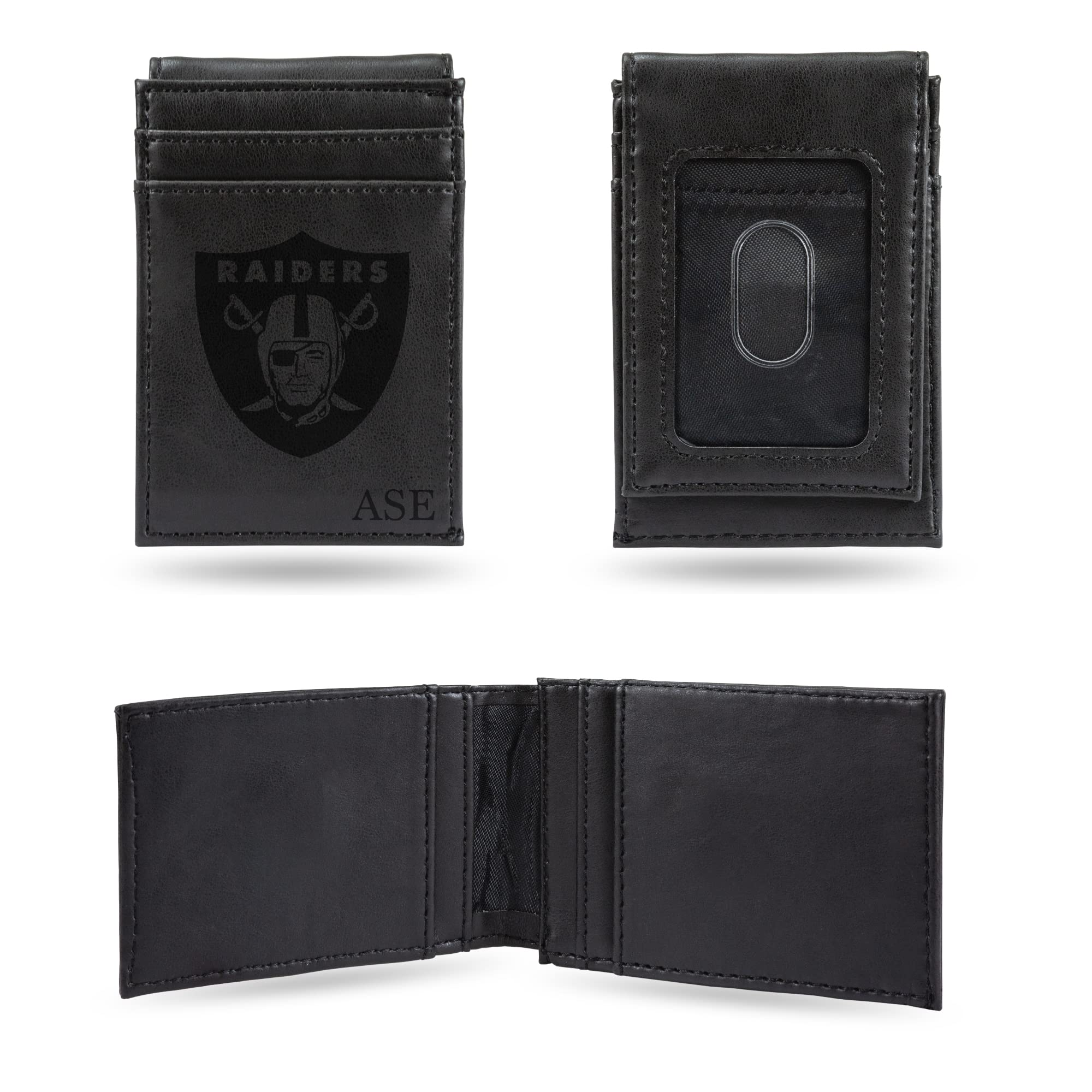 Rico Industries NFL Las Vegas Raiders Black Personalized/Custom Laser Engraved Front Pocket Wallet - Slim/Light Weight - Great Gift Item