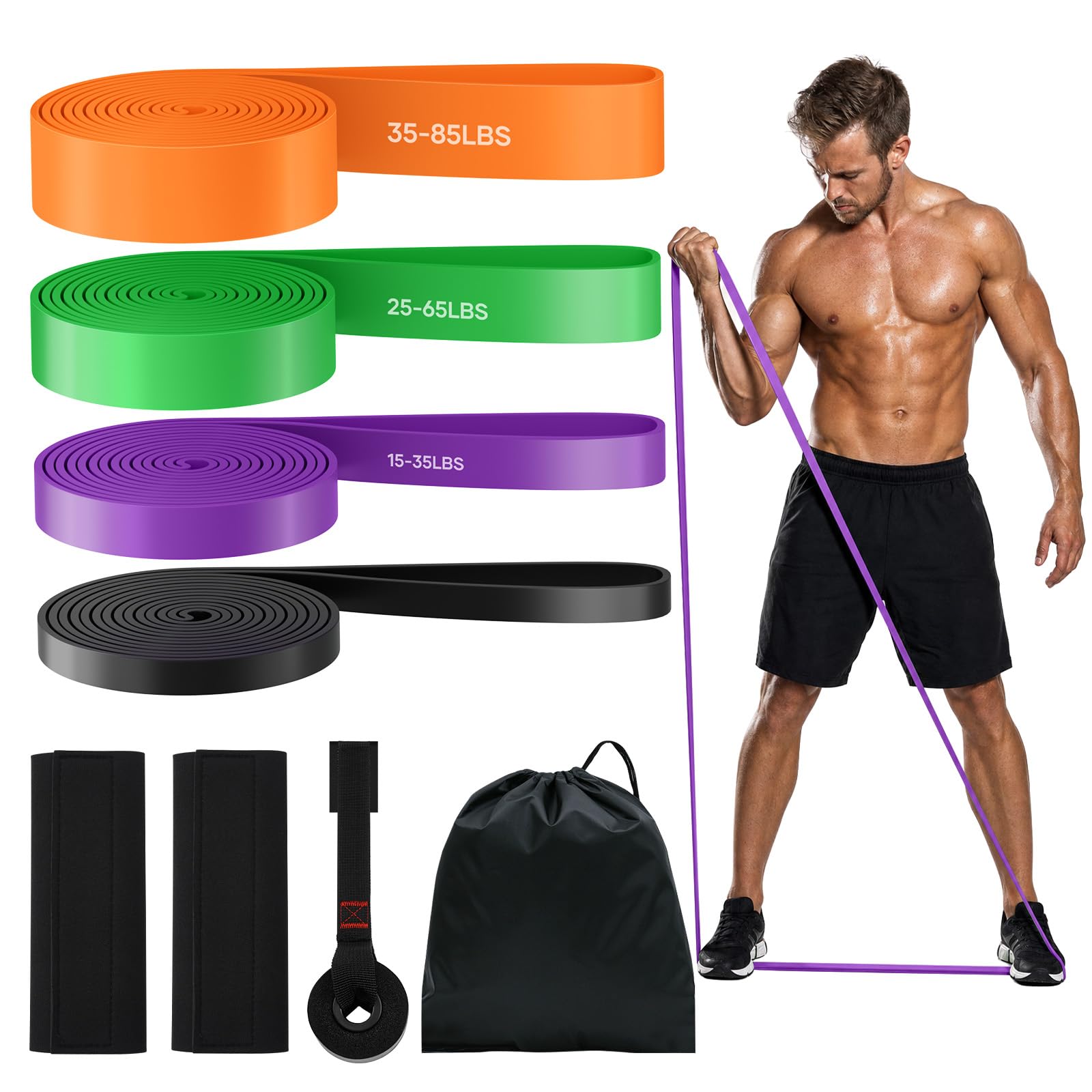 Elastique Musculation avec 4 Niveaux Différents, Elastique Sport et Coussinet de Protection, Ancrage de Porte, Bande de Fitness pour Yoga, Pilates, Musculation, Tractions