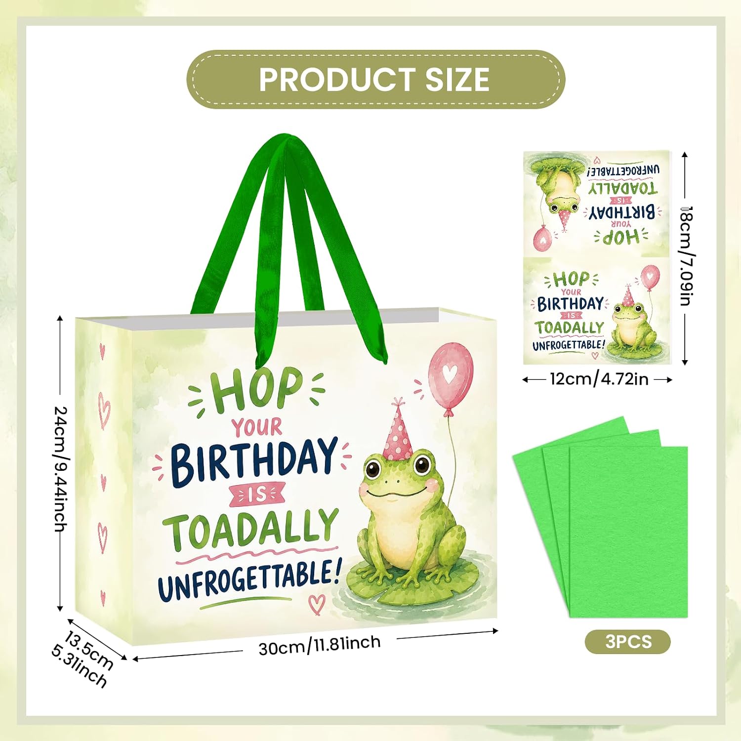 Wauprant Large Funny Frog Birthday Gift Bag, Cute Amphibian Pun Wrapping Paper Bag, Humorous Animal Theme Decoration Gift Bag with Grass Green Ribbon Handle and Greeting Card for Party Supplies image 3